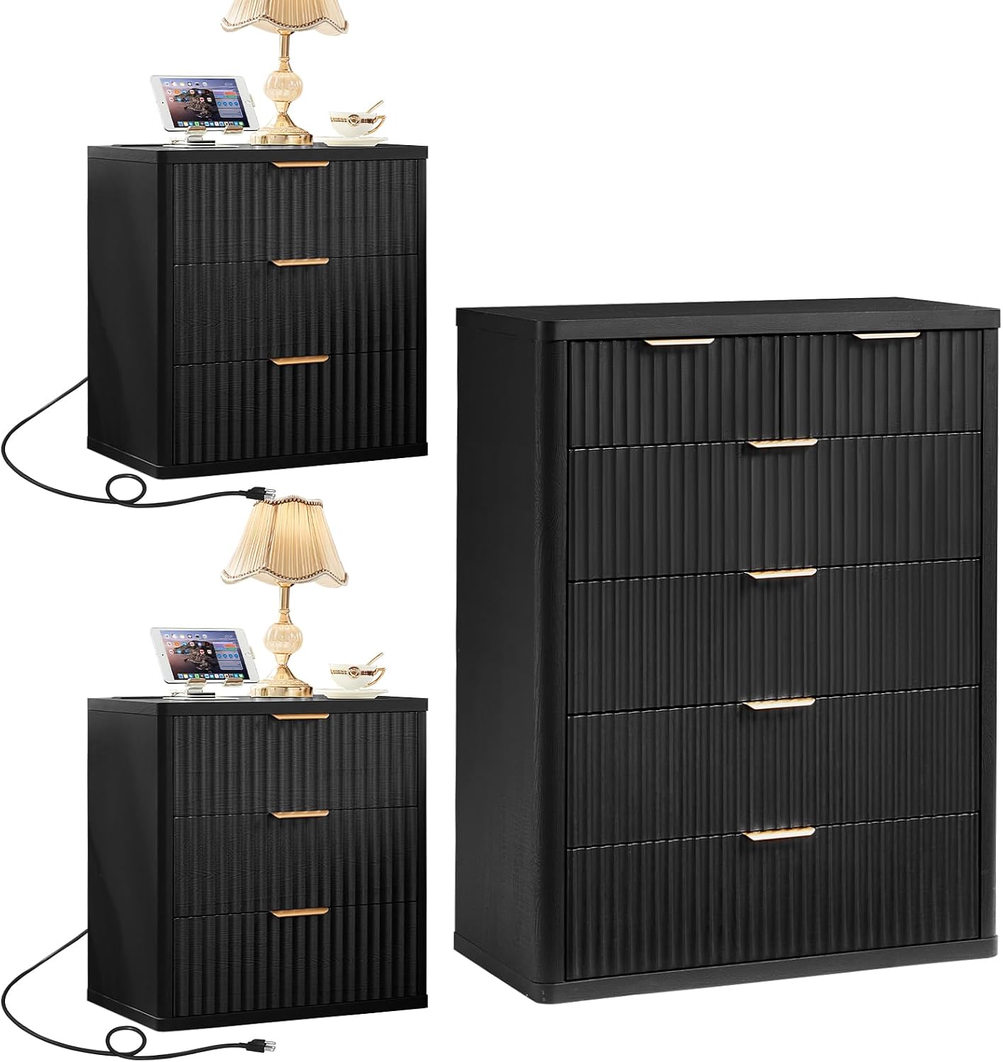 LEYAOYAO 42' Tall Fluted Dresser and 3 Drawers 23' Nightstand Set of 2, Wooden Dresser & Night Stand with Charging Station, 3 Piece Bedroom Furniture Set, Wood Chest of Drawer for Living Room,Black