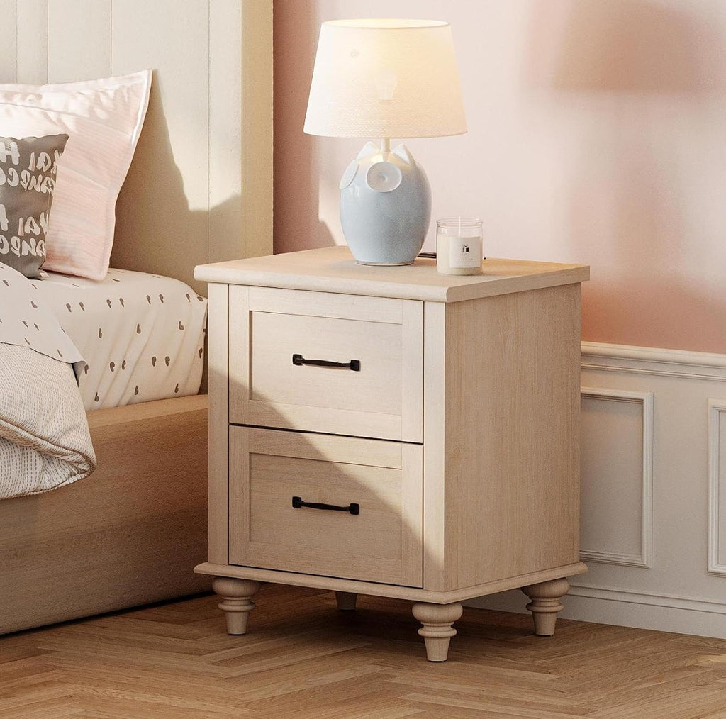 WAMPAT Nightstands with Charging Station Set of 2, 20 Inch Night Stand with 2 Drawers, Rustic Wood Bedside Table End Tables with Solid Wood Legs for Bedroom, Beige