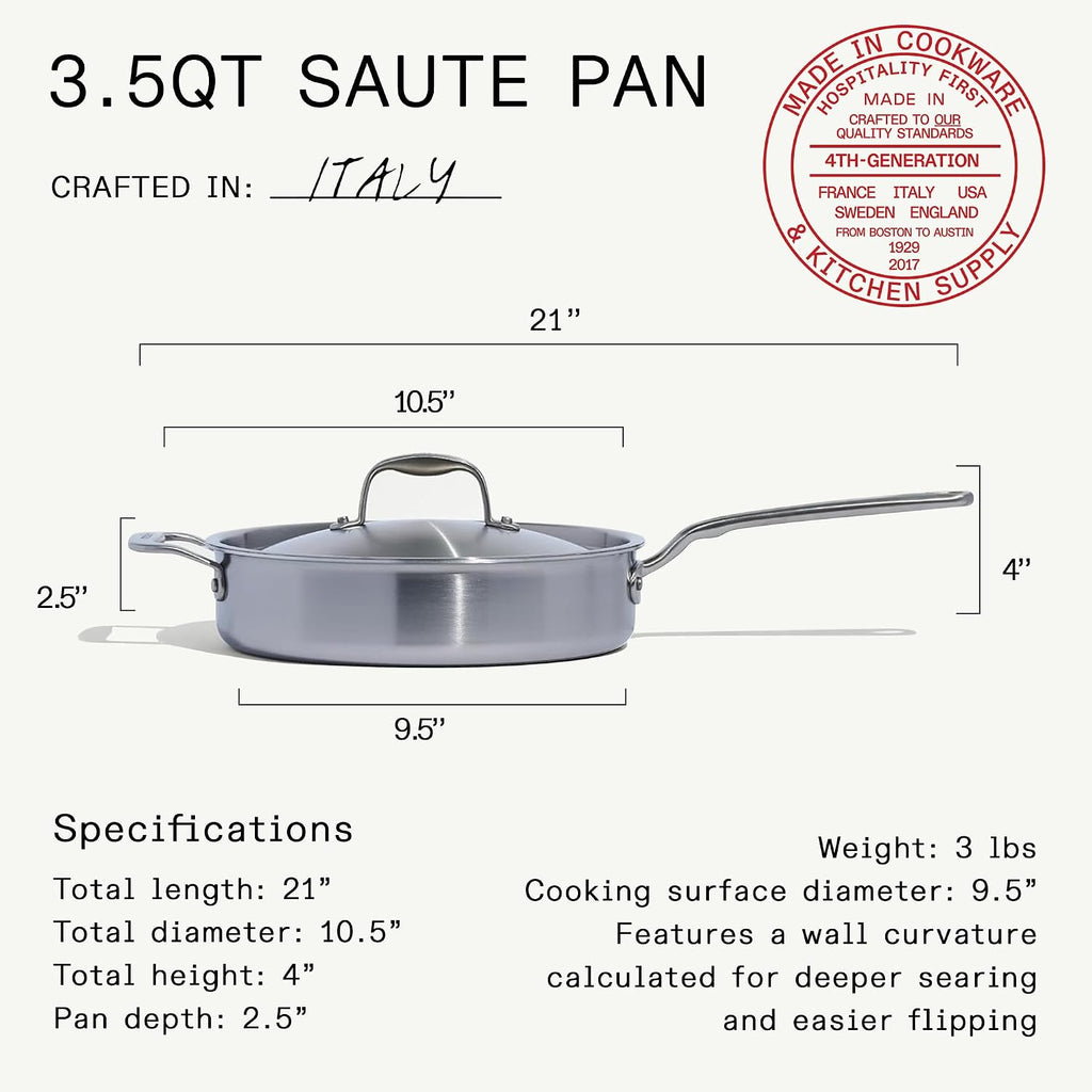 Made In Cookware | 3.5 Quart Stainless Steel Saute Pan | 5 Ply Stainless Clad | Professional Cookware | Induction Compatible | Crafted in Italy