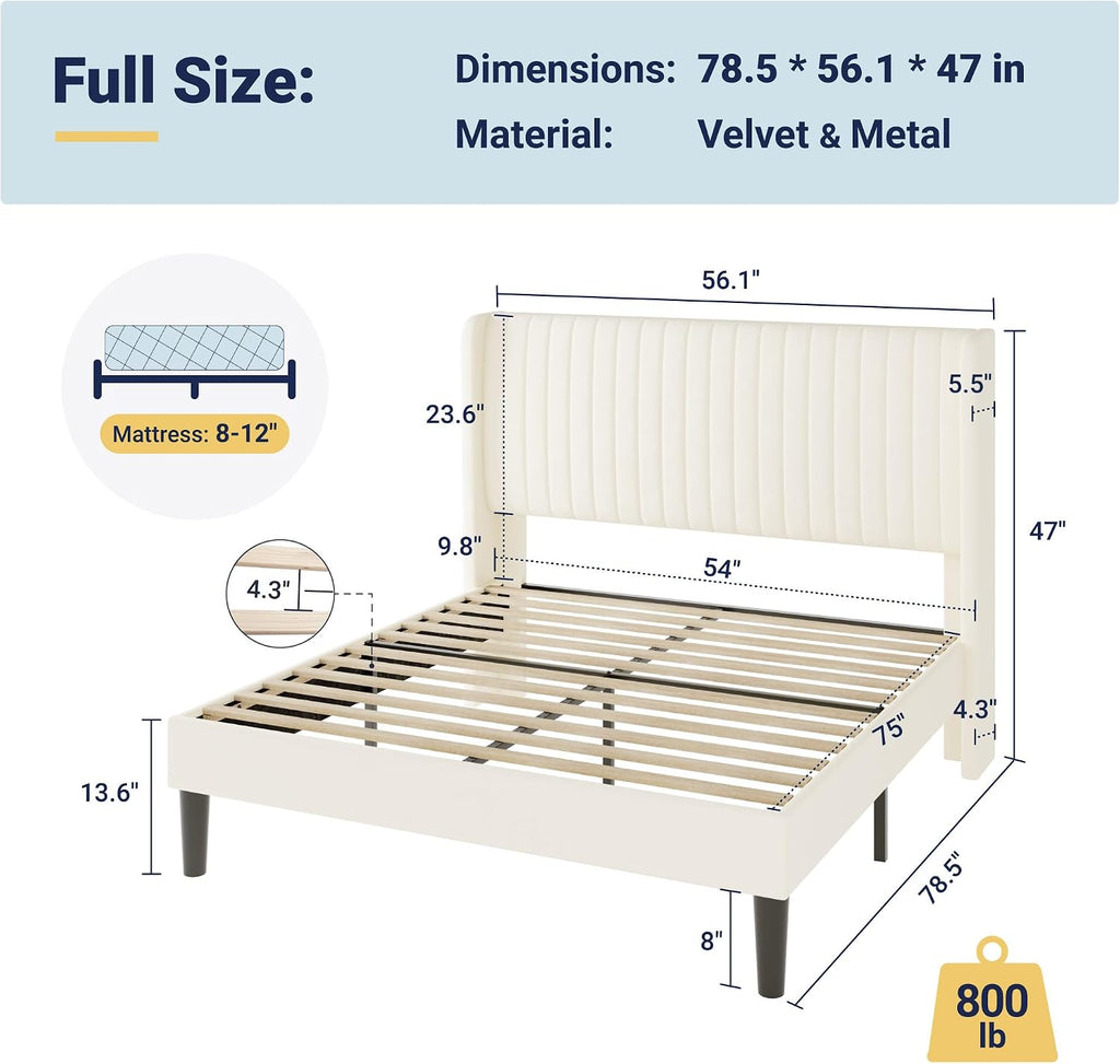 Allewie Full Size Velvet Bed Frame/Vertical Channel Tufted Wingback Headboard/Upholstered Platform Bed/Strong Wooden Slats/No Box Spring Needed/Easy Assembly/Cream White