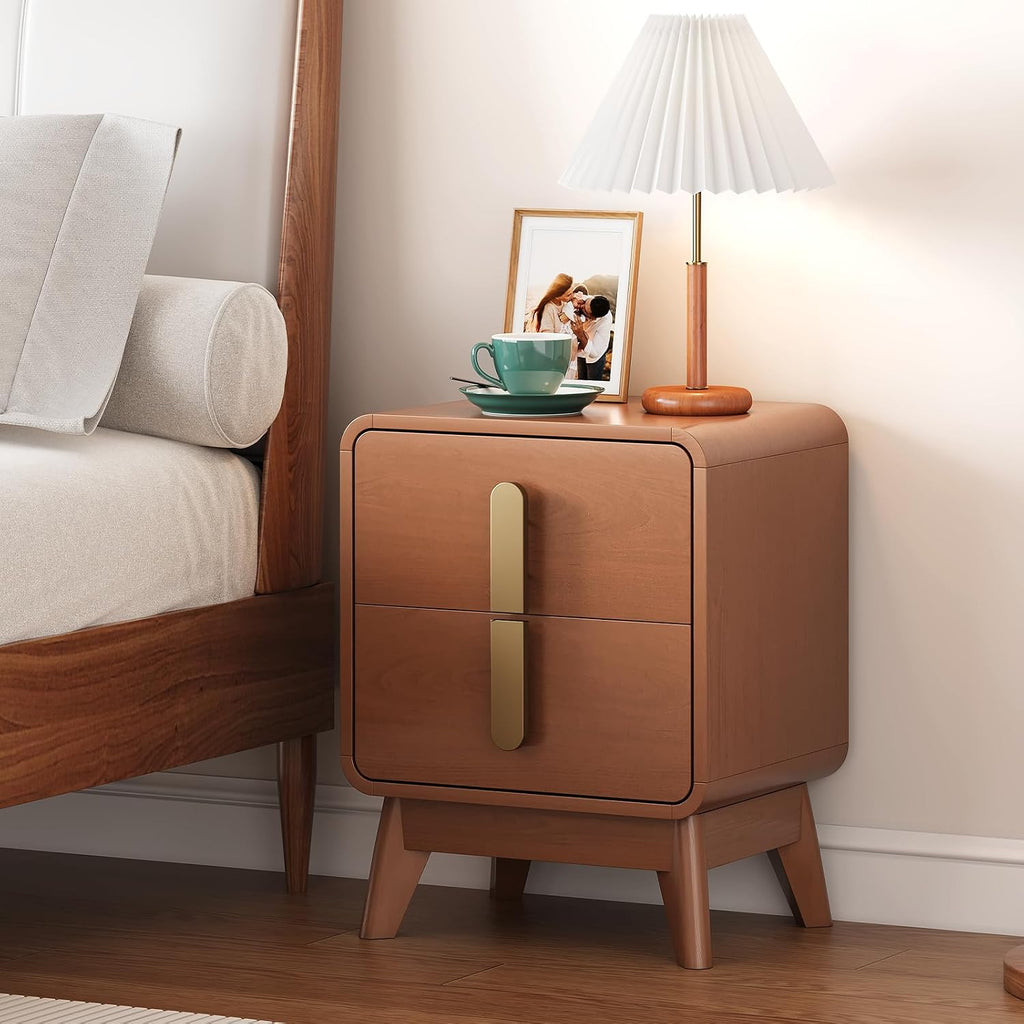 Mid Century Modern Nightstand Set of 2, Wood Bedside Table with 2 Drawers and Metal Handles, Curved Design, Night Stand Set 2 for Bedroom, Cherry