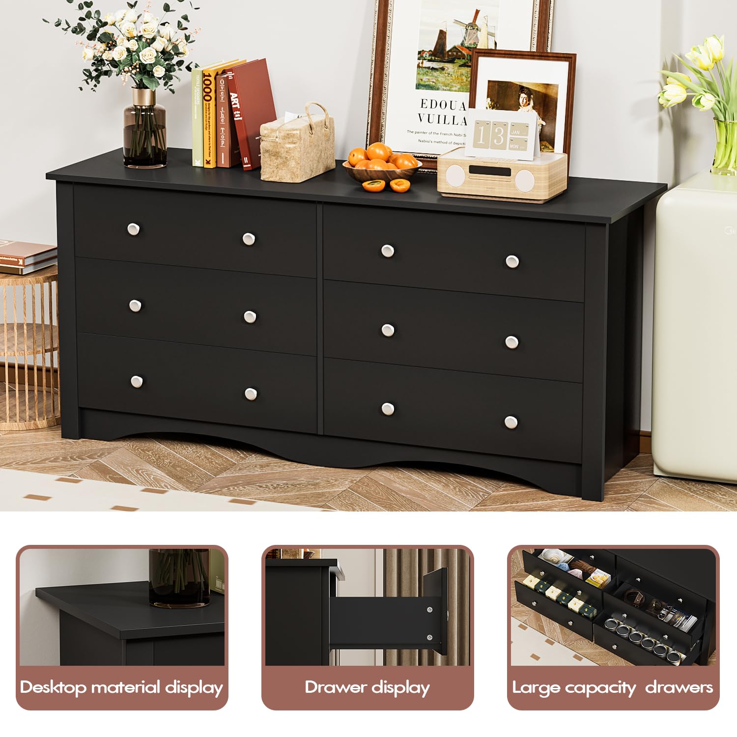 YESHOMY Dresser for Bedroom,6 Drawer Dressers, Storage Chest of Drawers for Hallway,Living Room, Entryway(Pure Black)