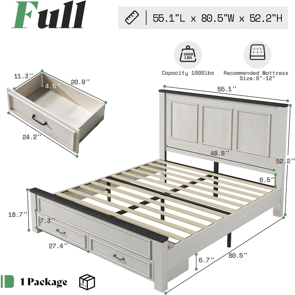 AMERLIFE Farmhouse Bedroom Furniture Set, Includes 2 Nightstands with Charging Station and 1 Full Size Wood Platform Bed Frame with Panel Headboard, Storage Drawers, No Box Spring Needed, Rustic White