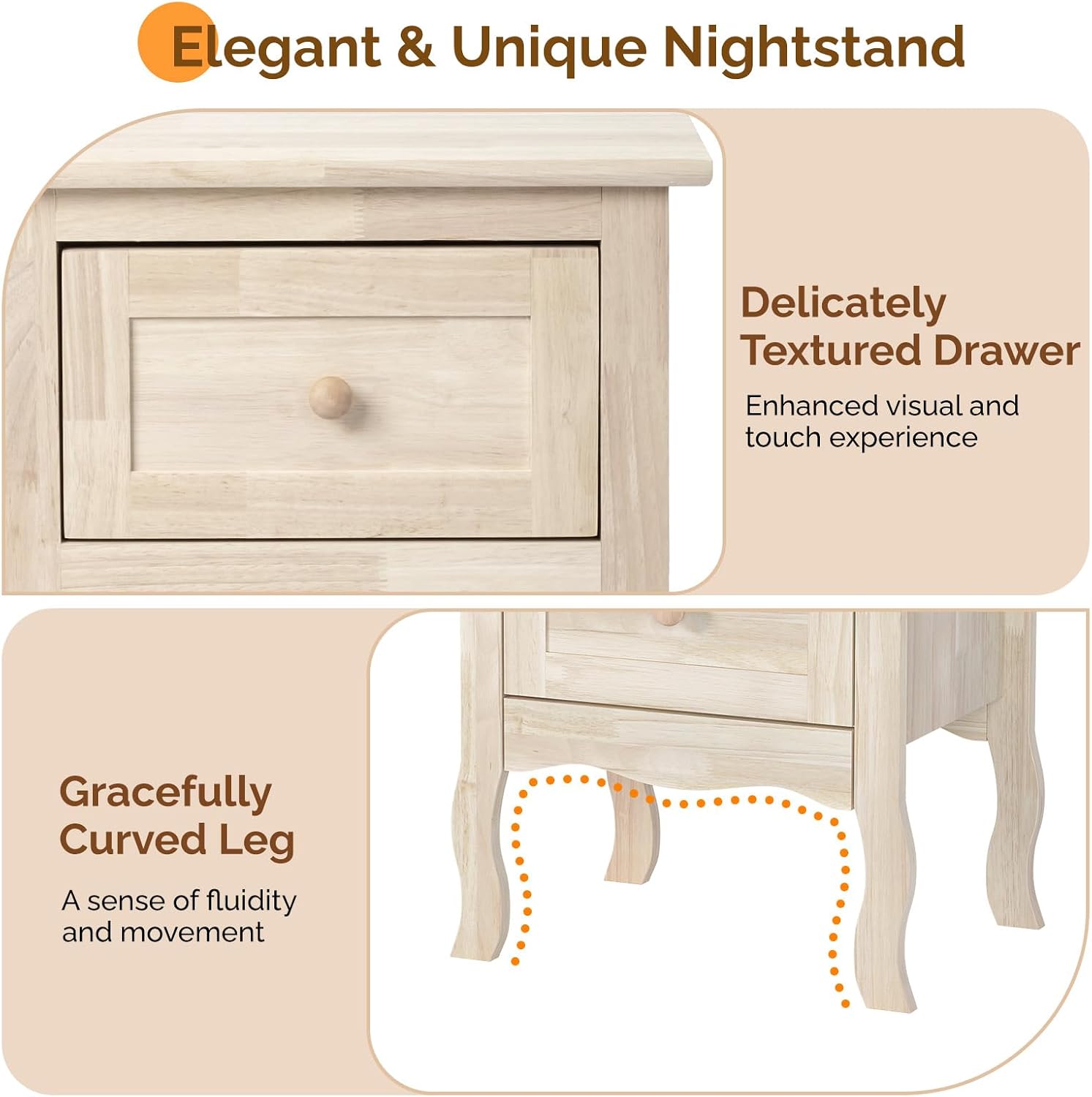 VINGLI Nightstands Set of 2, Unfinished Solid Wood Nightstand Color DIY, Small Nightstand for Bedroom, Natural Wood Night Stand with Drawers, Light Wood Night Stands, Real Wooden Bedside Table