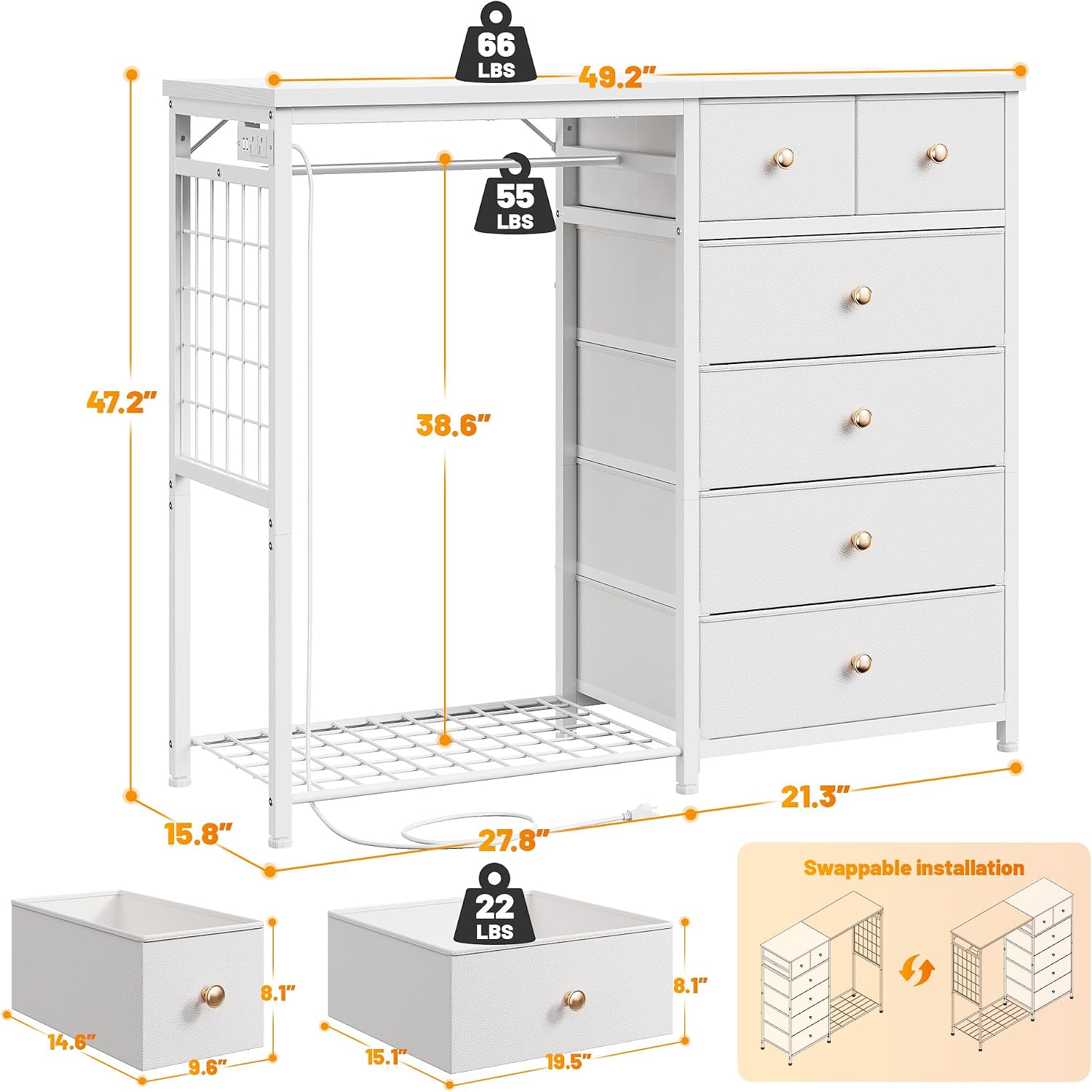 EnHomee 49.2' W Dresser with Hanging Rack & 6 Fabric Drawers for Bedroom, Featuring LED Lights and Charging Station, White Fabric Dressers & Chest of Drawers with Grid Panel & 4 Hooks, Wooden Top
