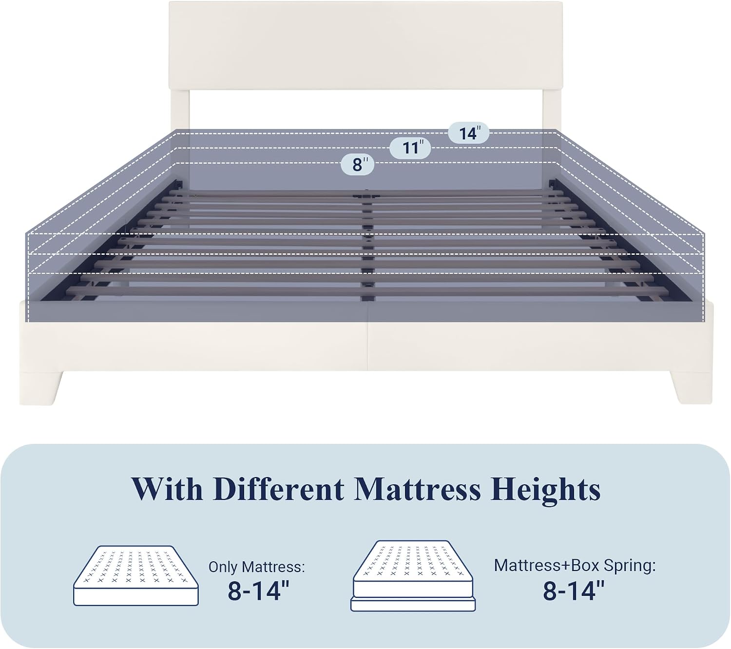 Allewie Full Size Bed Frame with Adjustable Headboard, Faux Leather Platform Bed with Wood Slats, Heavy Duty Mattress Foundation, No Box Spring Needed, Noise-Free, Easy Assembly, White