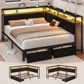 Full Corner Bed Frame with Storage Drawers, Modern Daybed with LED Lights and Charging Station, Metal Platform Bed Frame Full Size with Linen Upholstered Guardrail for Dorm Bedroom, Black