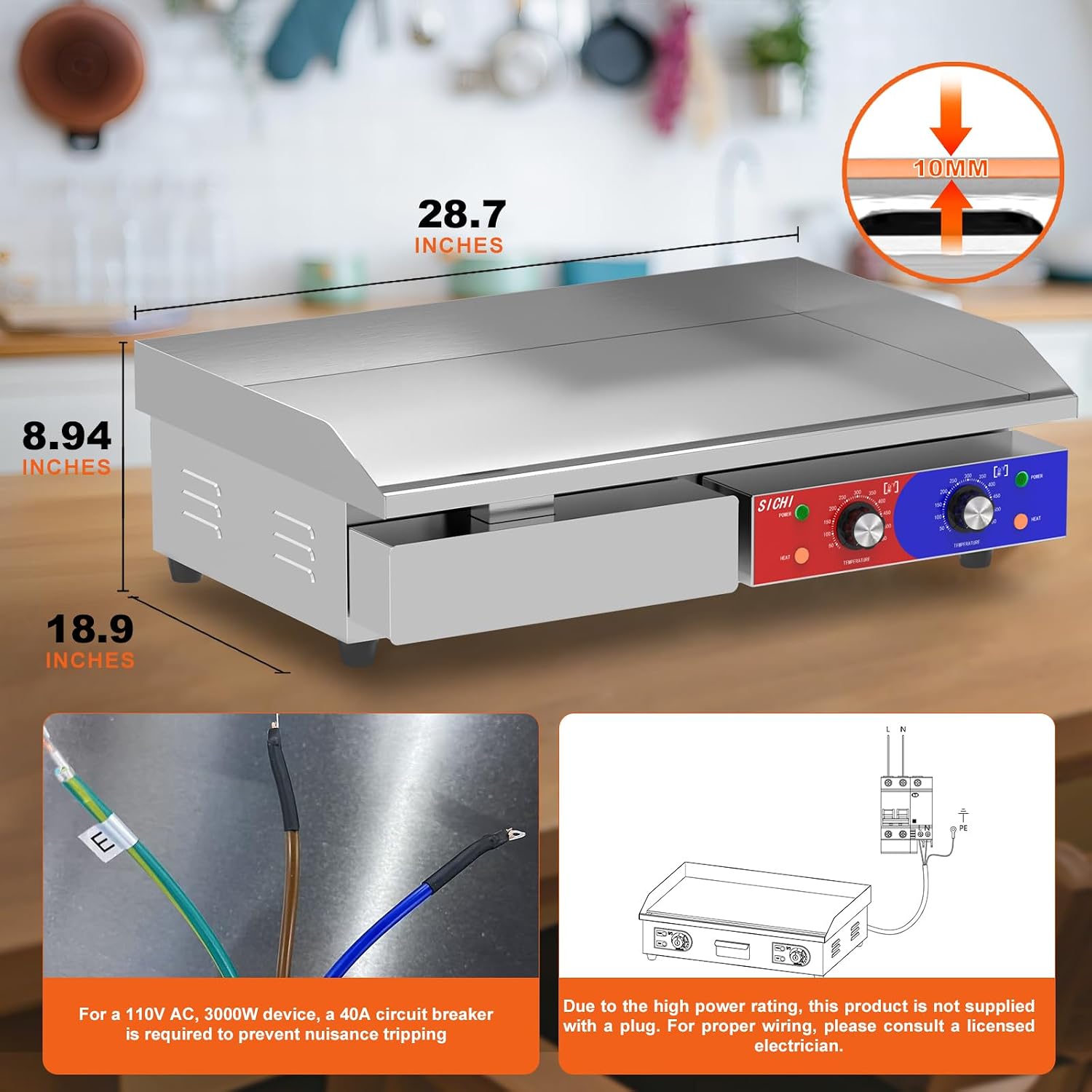 29'' * 16'' Commercial Electric Countertop Griddle -110V Flat Top Griddles w/ 122-572°F Adjustable Temperature and Non-Stick, 3000W Stainless Steel Electric Griddle w/ 10mm Thick Cast Iron