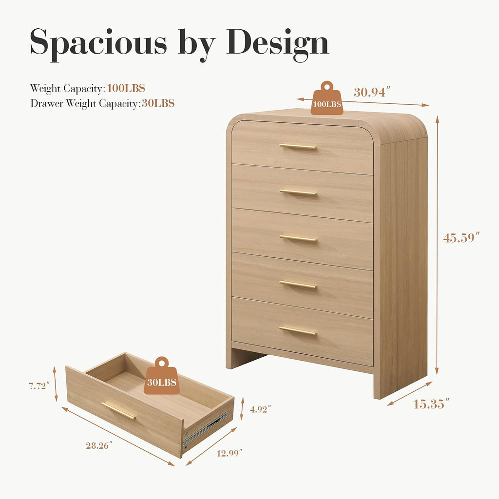 Curved 5-Drawer Dresser for Bedroom, 45.59' Tall Modern Chest of Drawers, Wooden Chest of Drawers for Living Room, Closet Storage Organizer Furniture, Nursery, Hallway, Oak