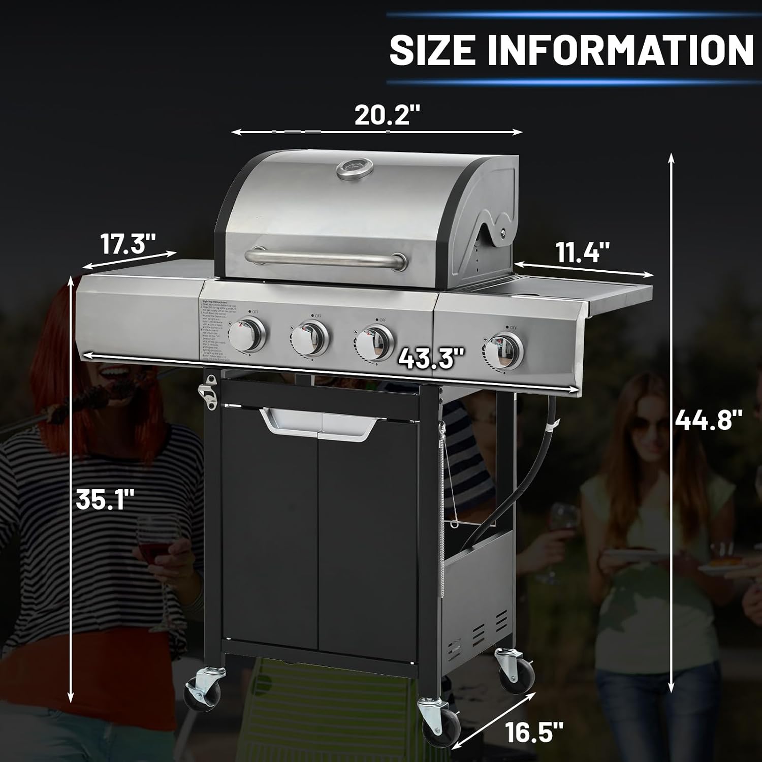 3-Burner Propane Gas BBQ Grill with Side Burner, 40,500 BTU Stainless Steel Gas Grill for Outdoor, Camping, Barbecue Grilling Backyard Cooking (3+1 bumer no cover)