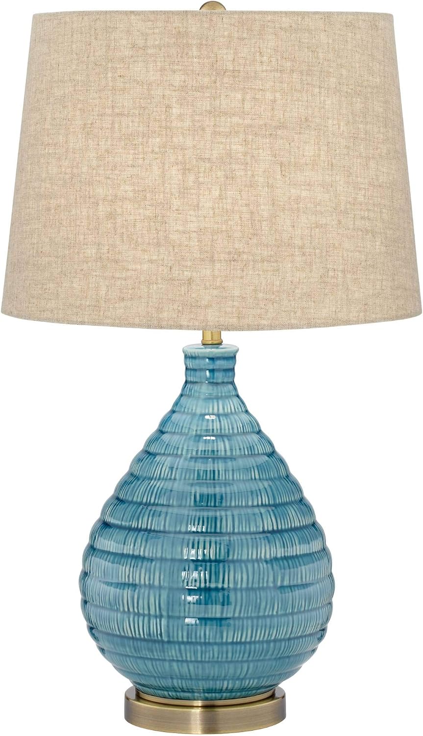 360 Lighting Kayley Mid Century Modern Coastal Table Lamp Textured Ceramic 24' High Sky Blue Glaze Linen Fabric Tapered Drum Shade for Living Room Bedroom House Bedside Nightstand Home