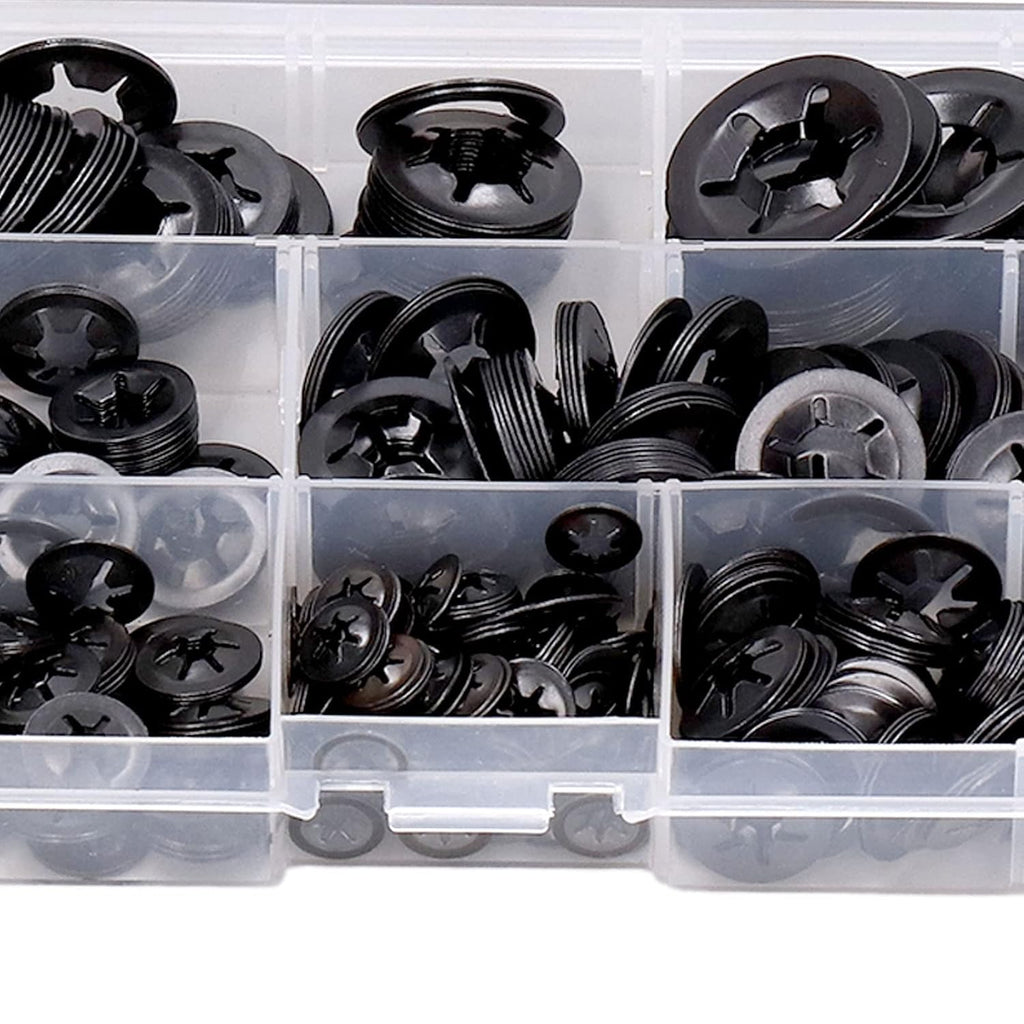 680Pcs Carbon Steel Starlock Washers Kit, M3 to M12 Assortment, Quick Speed Locking, Internal Tooth Design for Secure Fastening, Push Nuts & Retaining Clips Included