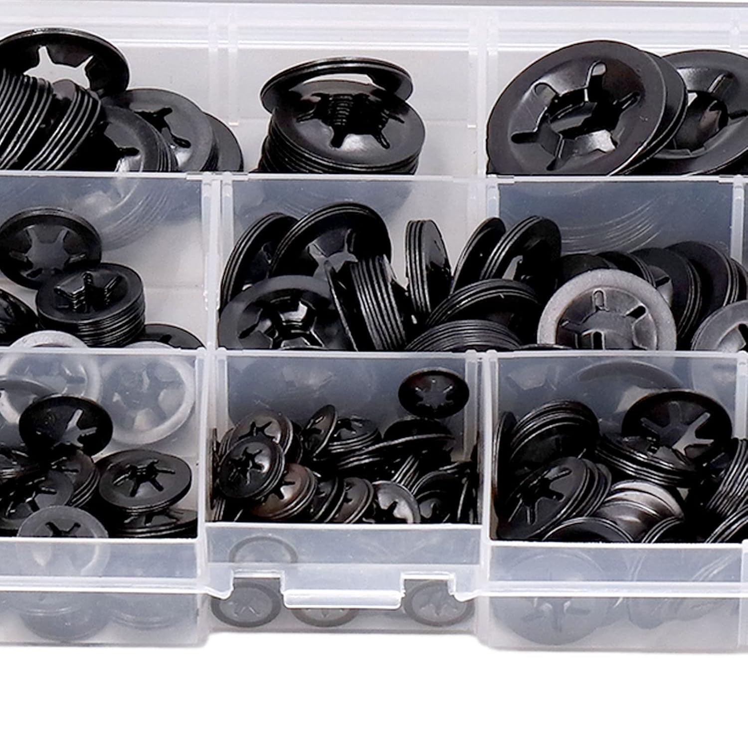 680Pcs Carbon Steel Starlock Washers Kit, M3 to M12 Assortment, Quick Speed Locking, Internal Tooth Design for Secure Fastening, Push Nuts & Retaining Clips Included