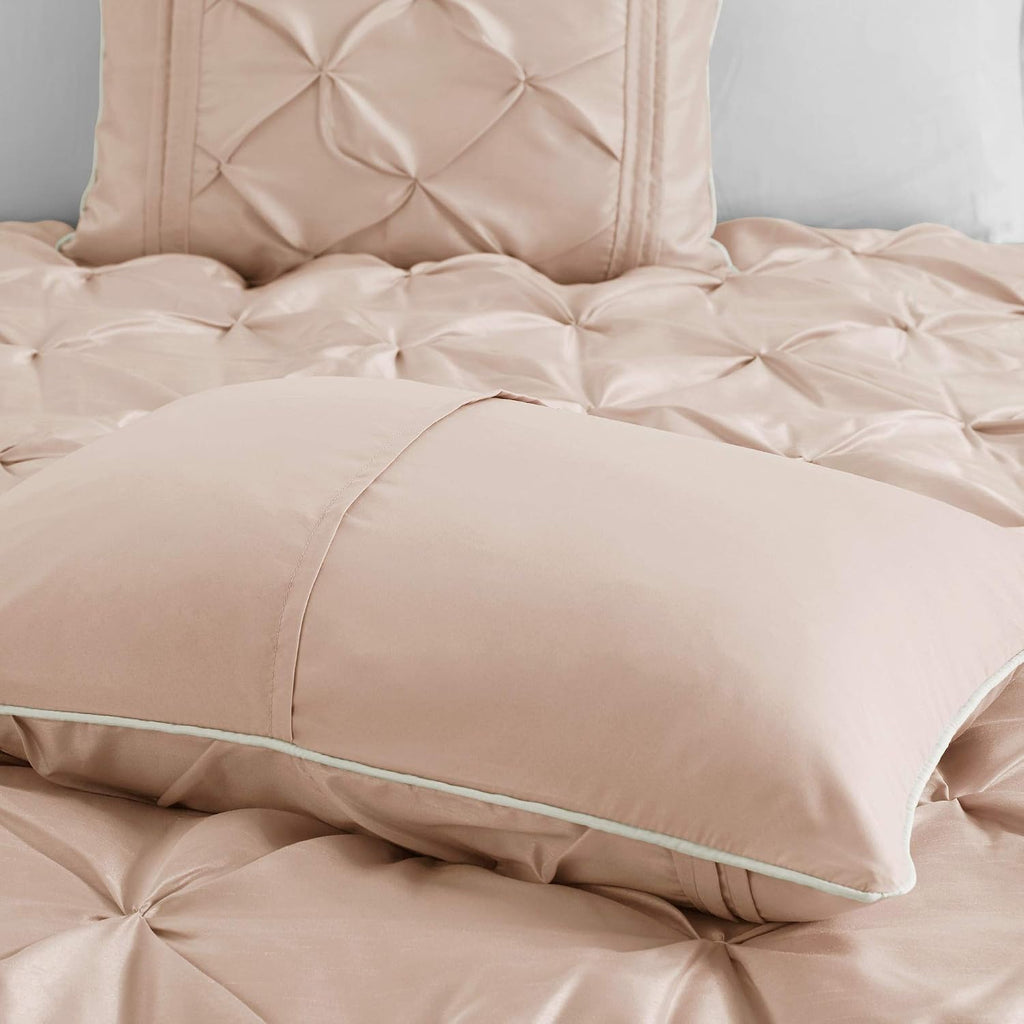 Madison Park Essentials Room in a Bag Faux Silk Comforter Set - Luxe Diamond Tufting All Season Bedding, Matching Curtains, Decorative Pillows, Blush King(104'x92') 24 Piece