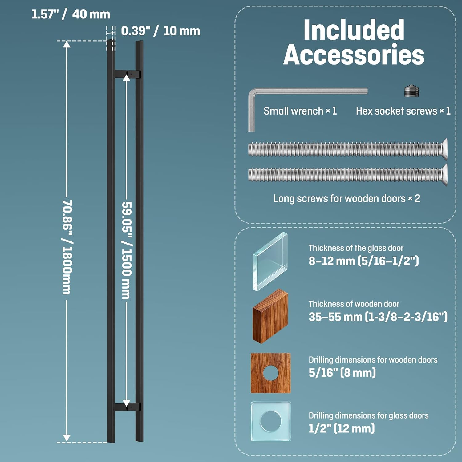 Ranbo 71' Large Push Pull Door Handle, 1500mm (59 1/16') CTC, 1.2mm Thick 304 Stainless Steel, Fits 6–19mm (1/4'–3/4') Glass Doors, for Front, Entry, Commercial and Long Doors, Matte Black