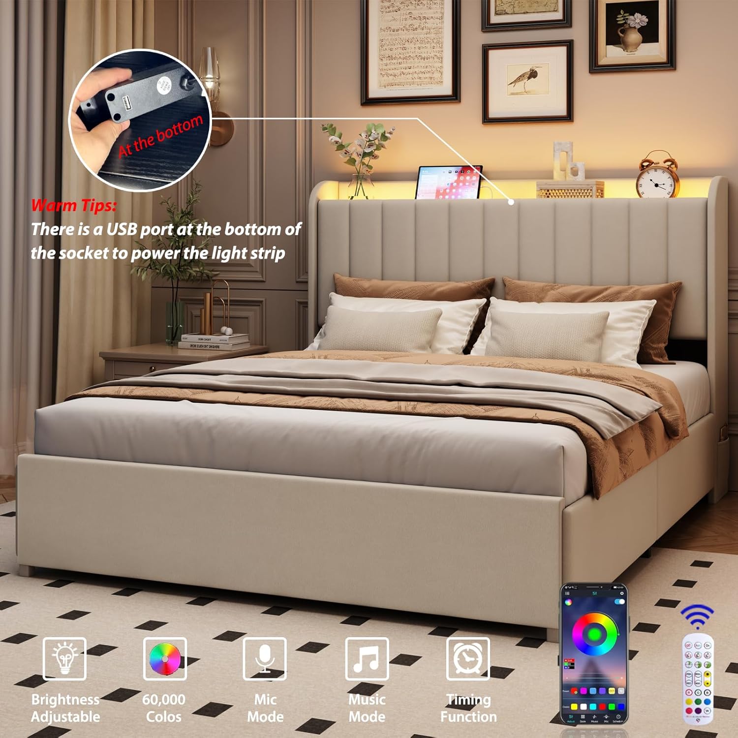 Queen Bed Frame with 4 Drawers and Storage Headboard, Upholstered Platform Bed Frame Queen Size with Led Lights and Handy Charging Station, No Box Spring Needed, Easy Assembly, Noise Free, Beige