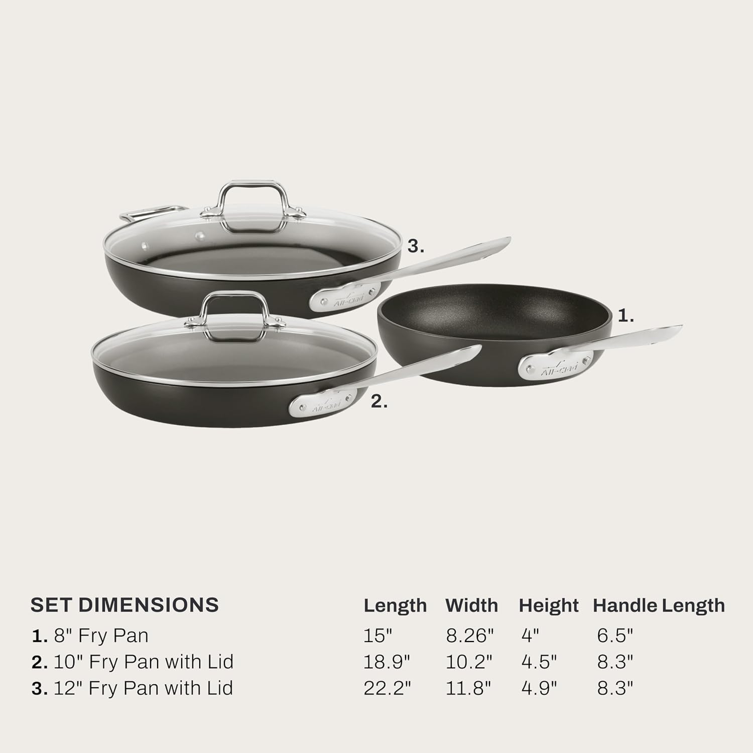All-Clad HA1 Hard Anodized Nonstick Fry Pan Set – 5-Piece Cookware, 8', 10', 12' Skillets with Lid, Induction Compatible, Oven Safe to 500°F, Lid Safe to 350°F, Black