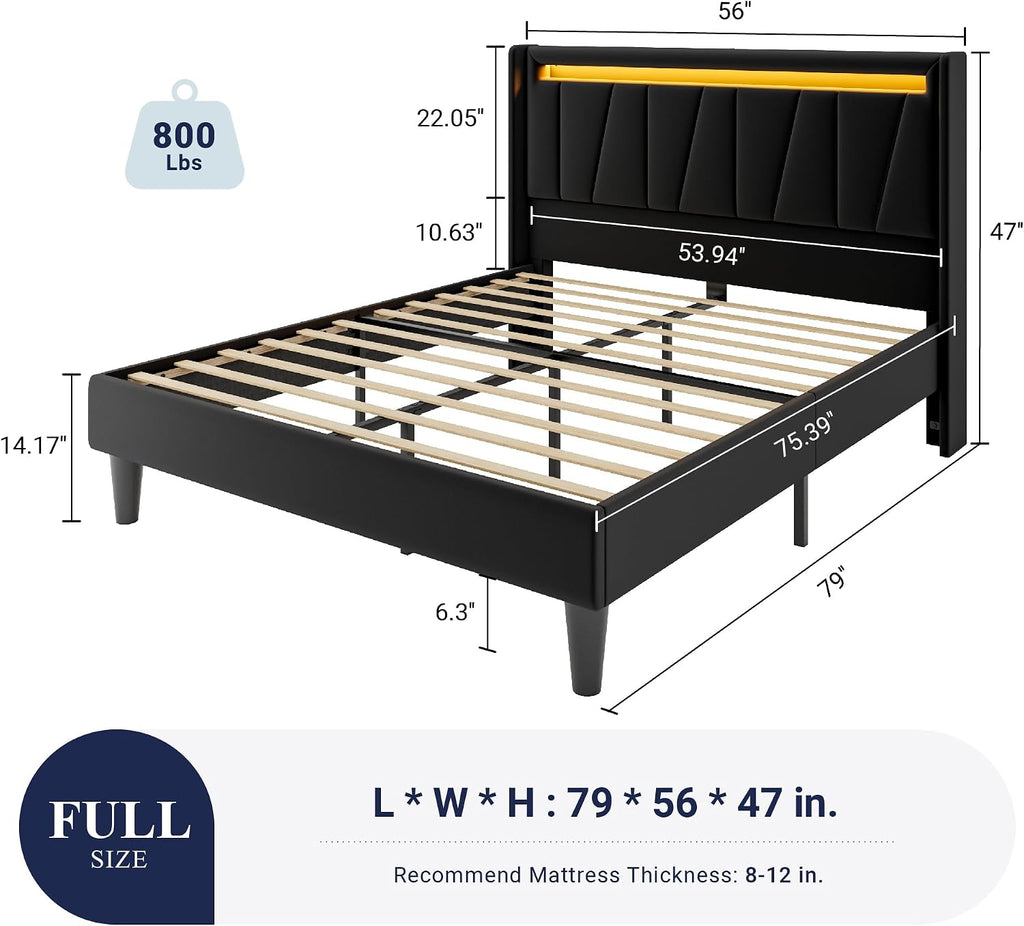 Allewie Full Size LED Bed Frame with Charging Station, Velvet Upholstered Platform Bed with Geometric Wingback Headboard, Modern Frame with No Box Spring Needed, Easy Assembly, Black