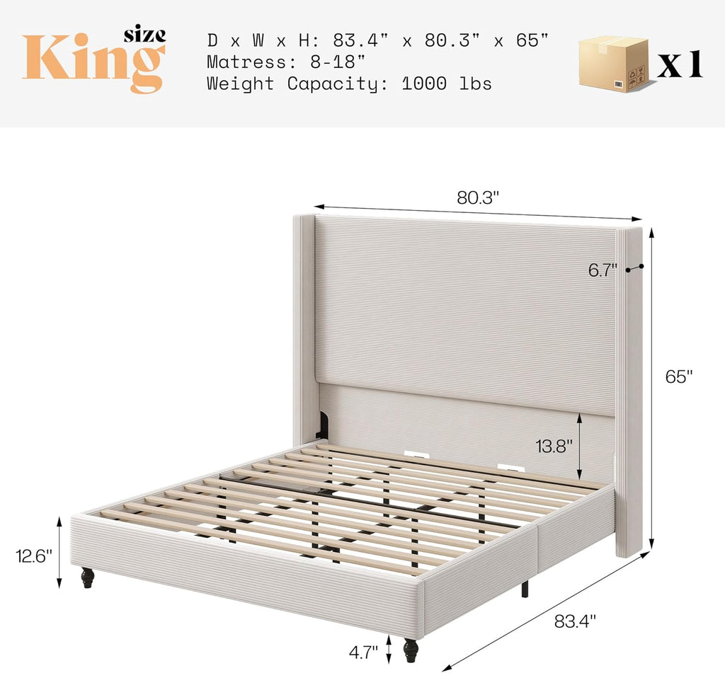 AMERLIFE King Size Bed Frame with 65' Tall Headboard, Upholstered Corduroy Bed Frame with Wingback, Platform Bed with Solid Wood Gourd Legs, Solid Slats, No Box Spring Needed, White