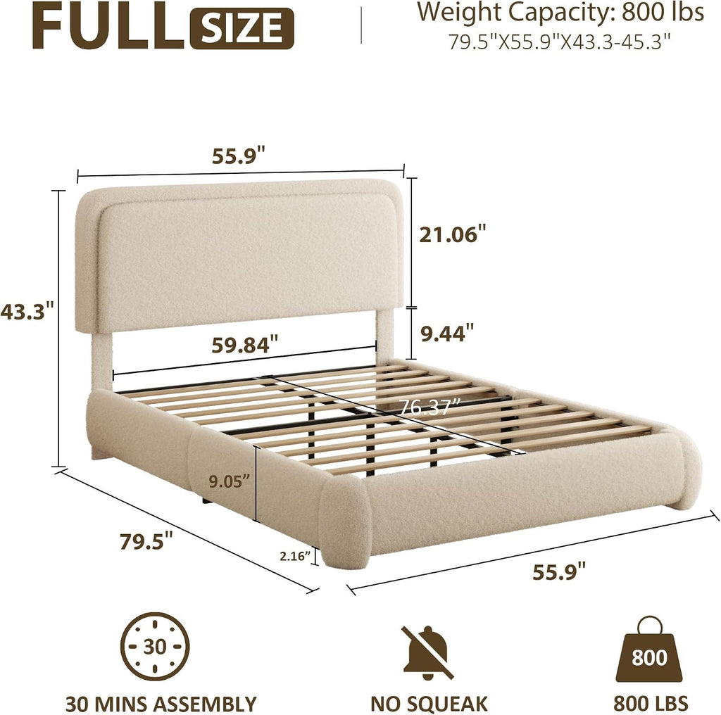 Full Bed Frame, Teddy Velvet Boucle Bed Frame with 43.3'/45.3' Adjustable Upholstered Headboard, Rounded Corners, Mattress Foundation, No Box Spring Required, Beige