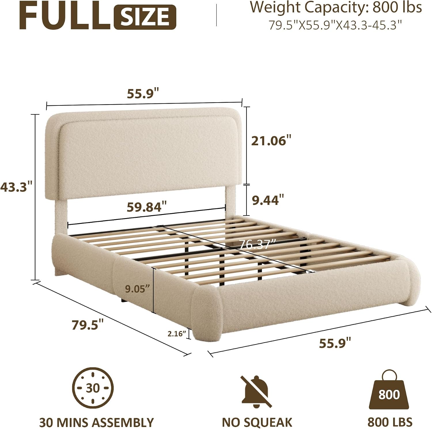 Full Bed Frame, Teddy Velvet Boucle Bed Frame with 43.3'/45.3' Adjustable Upholstered Headboard, Rounded Corners, Mattress Foundation, No Box Spring Required, Beige