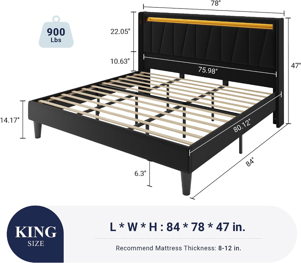 Allewie King Size LED Bed Frame with Charging Station, Velvet Upholstered Platform Bed with Geometric Wingback Headboard, Modern Frame with No Box Spring Needed, Easy Assembly, Black