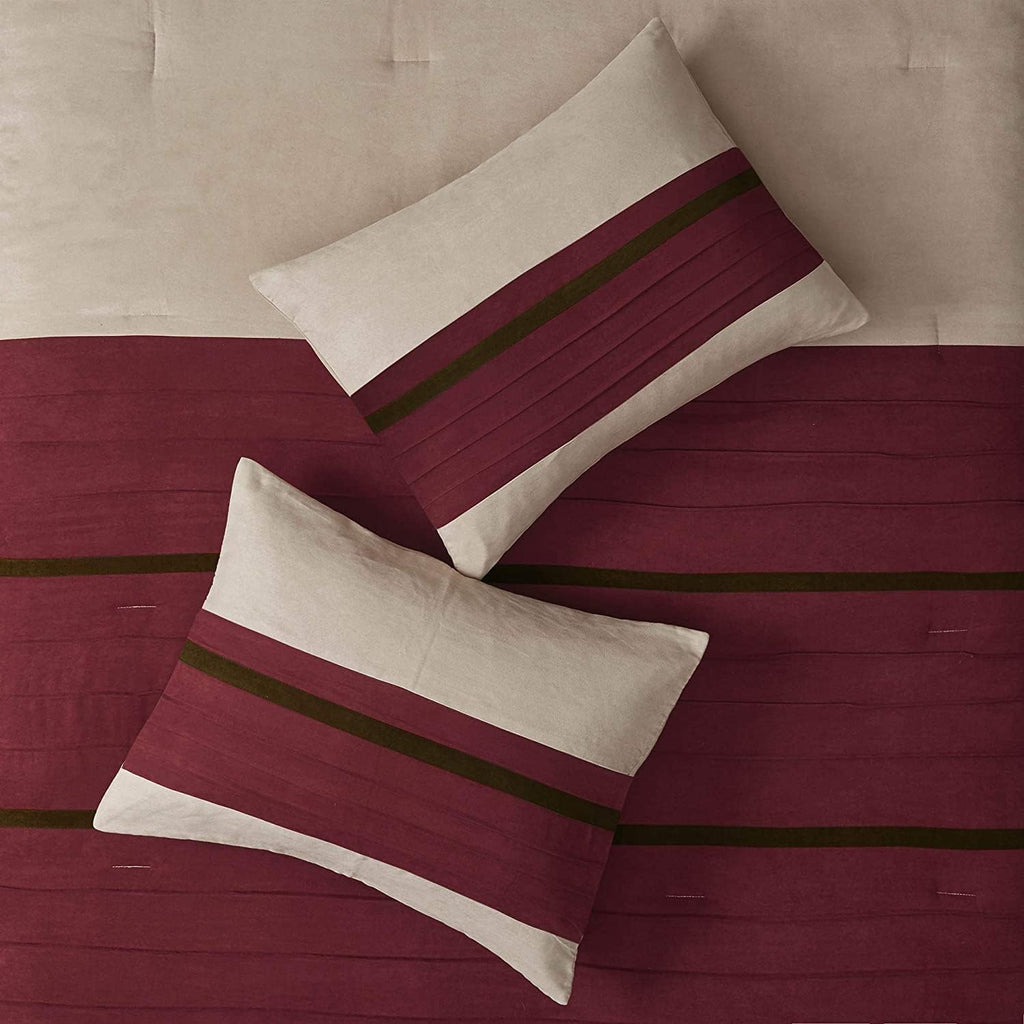 Madison Park Cozy Comforter Set-Luxury Faux Suede Design, Striped Accent, All Season Down Alternative Bedding, Matching Shams, Decorative Pillow, Red, California King (104 in x 92 in)