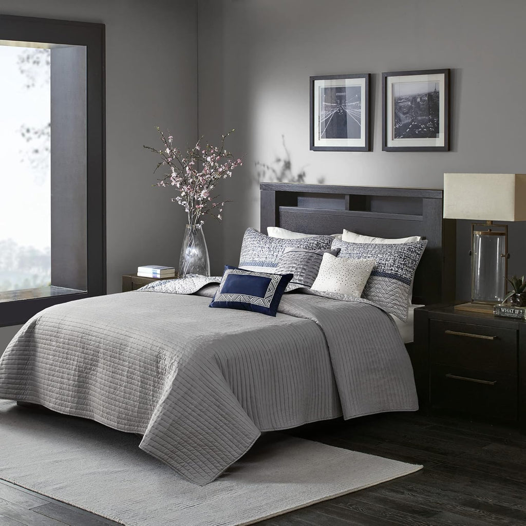 Madison Park King Quilt Set - Lustrous Jacquard & Glitter Accent Coverlet Set for King Size Bed - All Season, Lightweight, Shams, Decorative Pillow, Chevron Grey/Navy