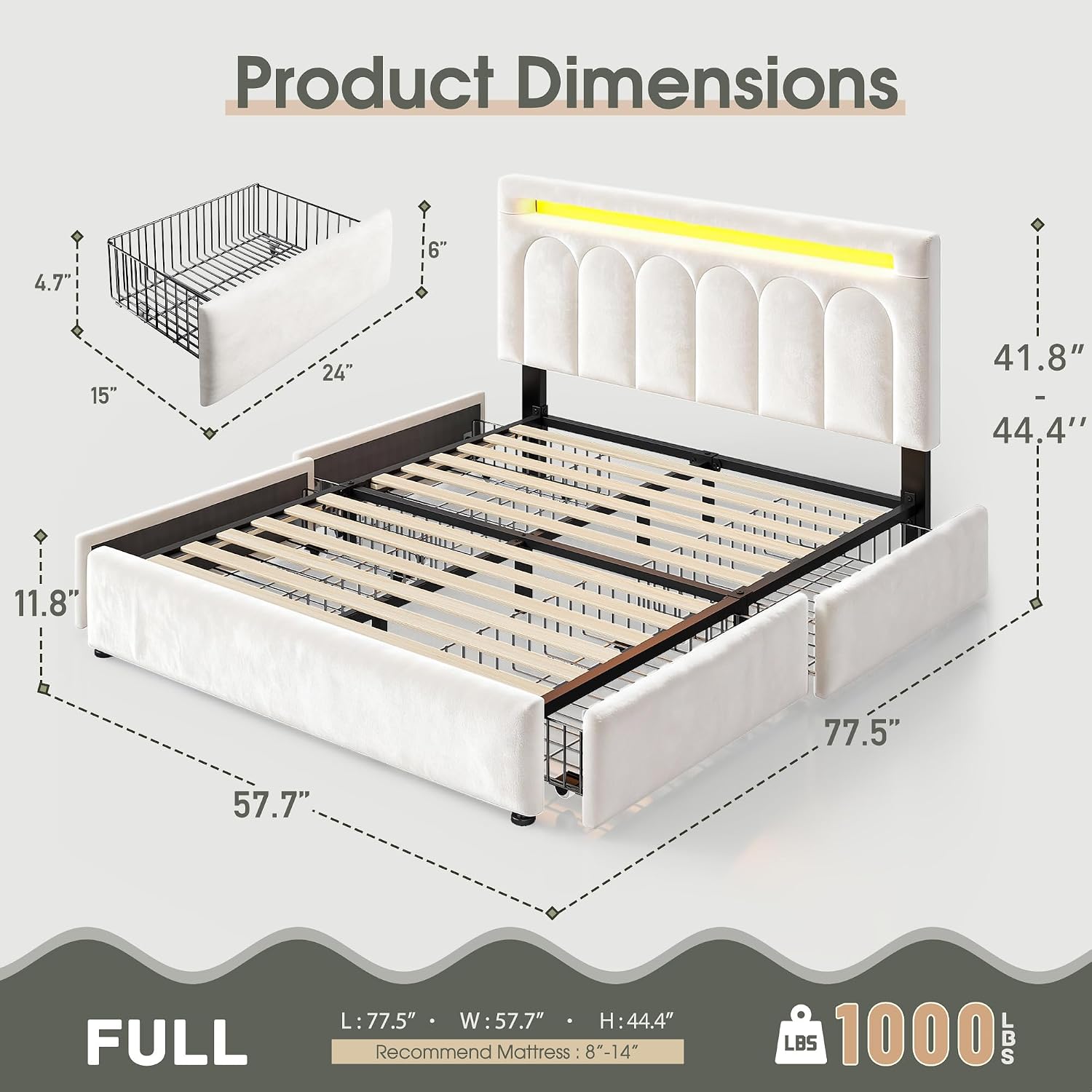 Homkdom Velvet Upholstered Full Size Bed Frame with 4 Storage Drawers, Vertical Arched LED Headboard, Sturdy Wood Slats Support, No Box Spring Needed, Beige