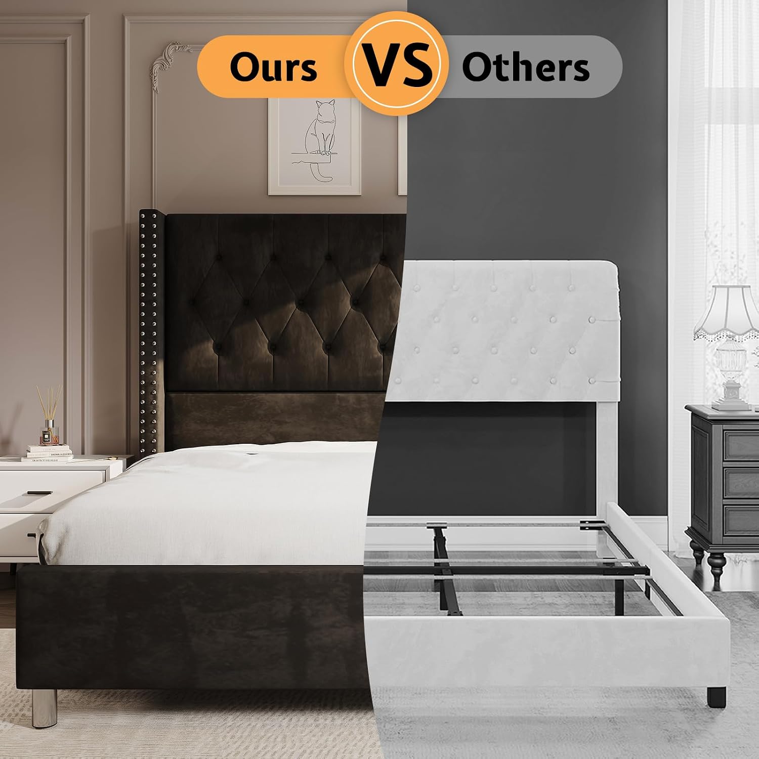 Jocisland Bed Frame King Size Velvet Tufted Upholstered Bed Low Profile Platform Bed Raised Wingback Headboard/Wood Slats Support/No Box Spring Needed/Easy Assembly/Black