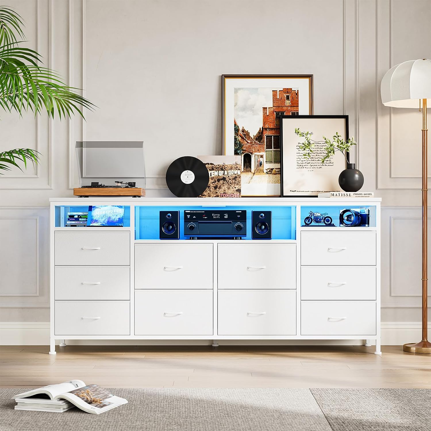 63.3 in Dresser for Bedroom, 10 Drawer Dresser Tv Stand for 65 70 75 in Tv, Fabric Chest of Drawers With Led Lights & Power Outlets, Long Entertainment Center for Closet, Living Room (White PU)