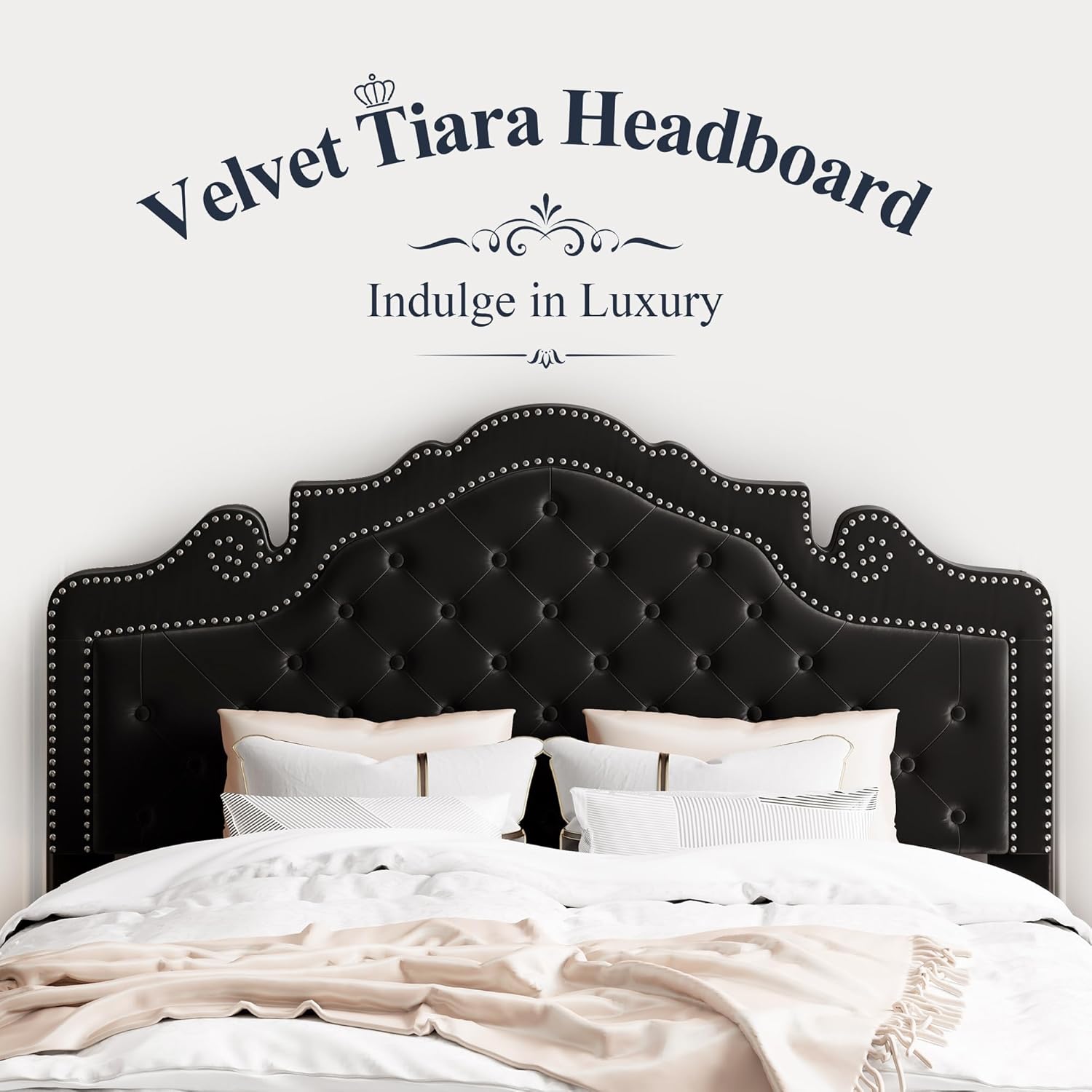 Allewie Full Size Bed Frame with Adjustable Velvet Tiara Headboard, Upholstered Diamond Button Tufted Platform Bed, Wood Slats Support, No Box Spring Needed, Black