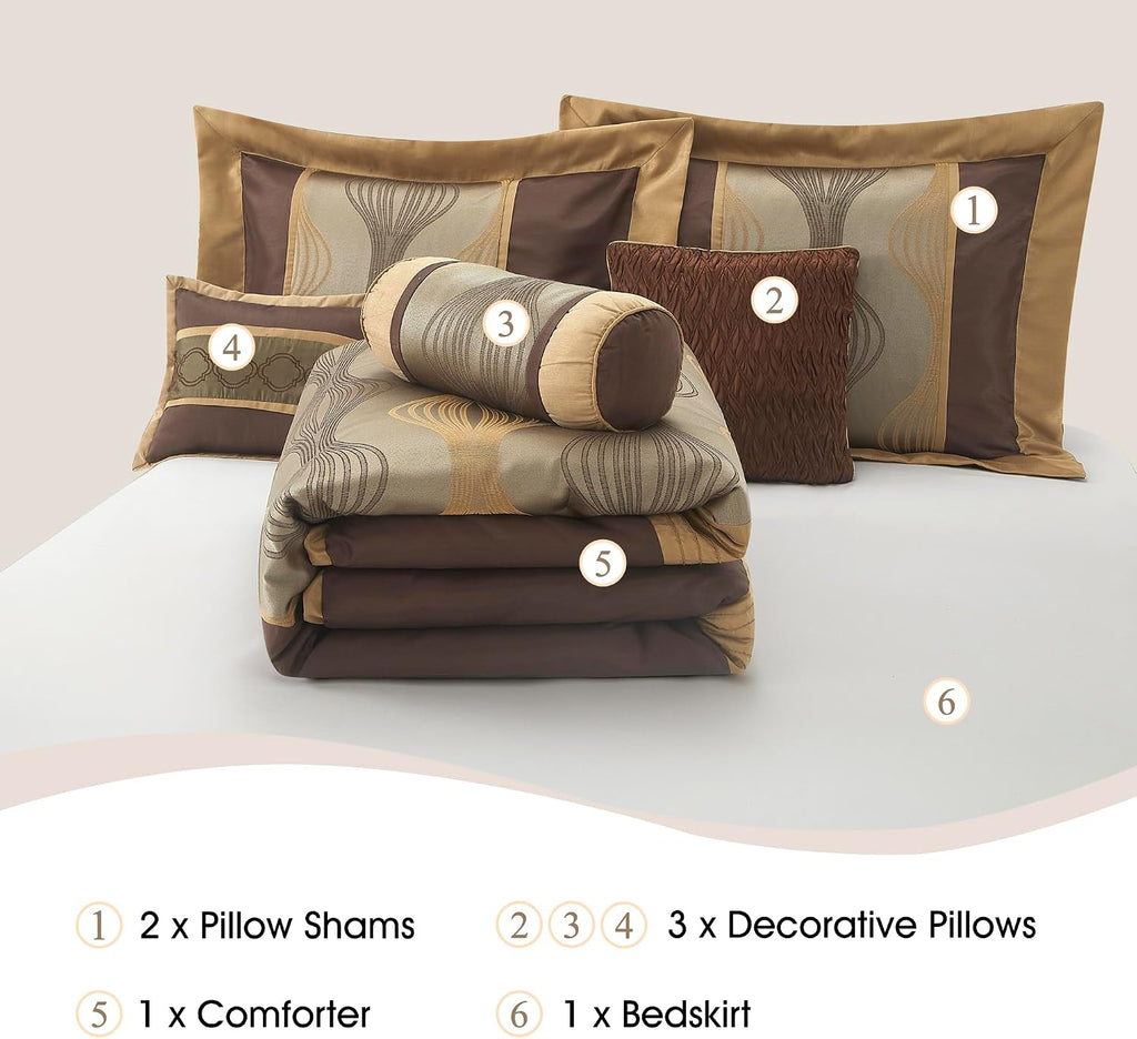 Stratford Park Elegant Brown Comforter Set King 7 Piece Bed in a Bag, Striped, Jacquard Bedding Set All Season, Matching Decorative Pillows, Pillow Sham
