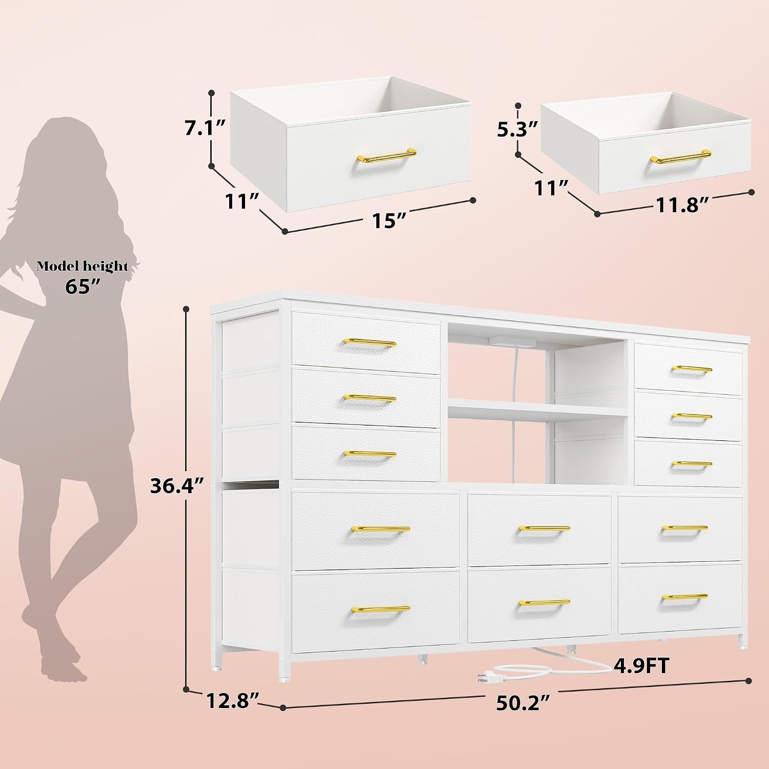 EnHomee 12 Drawers Dresser for Bedroom with LED Lights & Charging Station, TV Stands for 55/60'' TV, Fabric Dressers & Chests of Drawers with 3 Wooden Shelves for Hallway,Sturdy,White