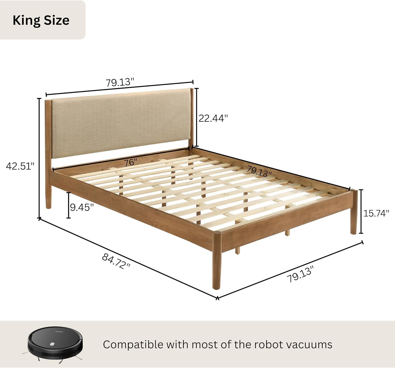 Roundhill Furniture Vichy 3-Piece Rubberwood Bedroom Set, Platform Bed with Two Nightstands, King, Textured Polyester