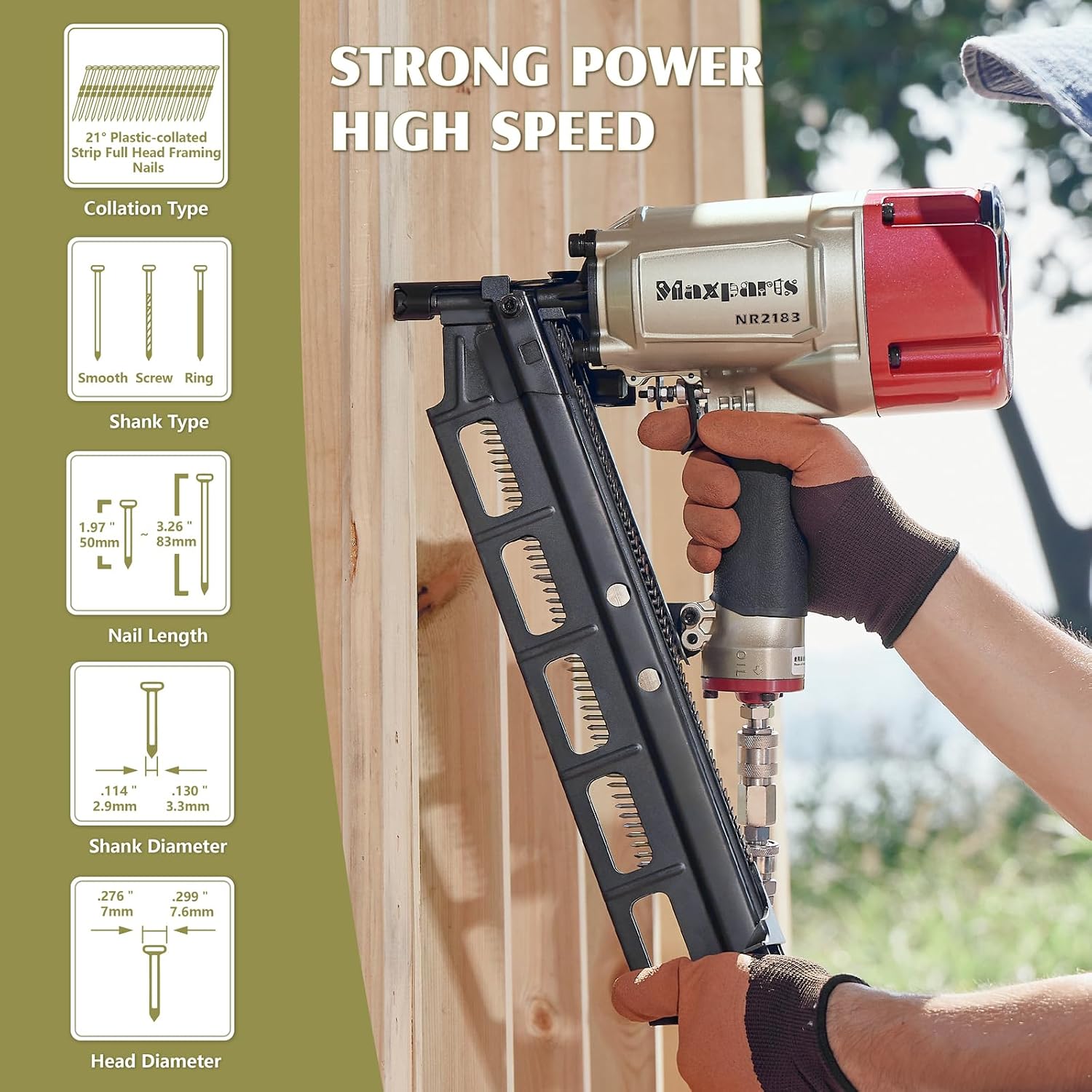 Maxparts Framing Nail Gun NR2183 Plastic Collated Full-head Nails with Steel Magazine Pneumatic Tools for Housing Constructions