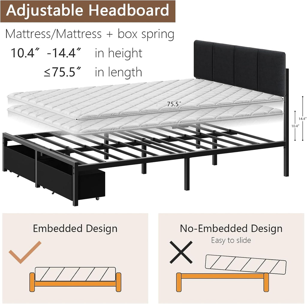 Furnulem Full Size Bed Frame with Headboard, Upholstered Full Bed Frame with LED Light, USB Charging Station, Platform Bedframe with 2 Fabric Underbed Storage Drawers, No Spring Box Needed
