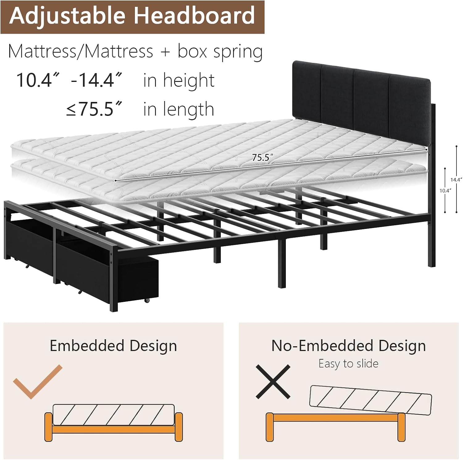 Furnulem Full Size Bed Frame with Headboard, Upholstered Full Bed Frame with LED Light, USB Charging Station, Platform Bedframe with 2 Fabric Underbed Storage Drawers, No Spring Box Needed