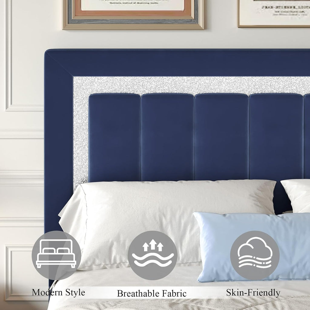 HOMBCK King Size Bed Frame with Headboard and Footboard, Upholstered Bed Frame King with Velvet Diamond Design, No Box Spring Needed, Easy Assembly, Blue