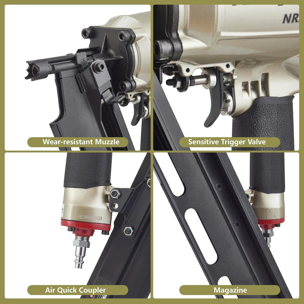 Maxparts Framing Nail Gun NR2190, 21° Aluminum Magazine, Framing Nailer Accepts 2' To 3-1/2' Nails, with Rapid Shooting Engine for Pallet, Crating, Framing, Fencing