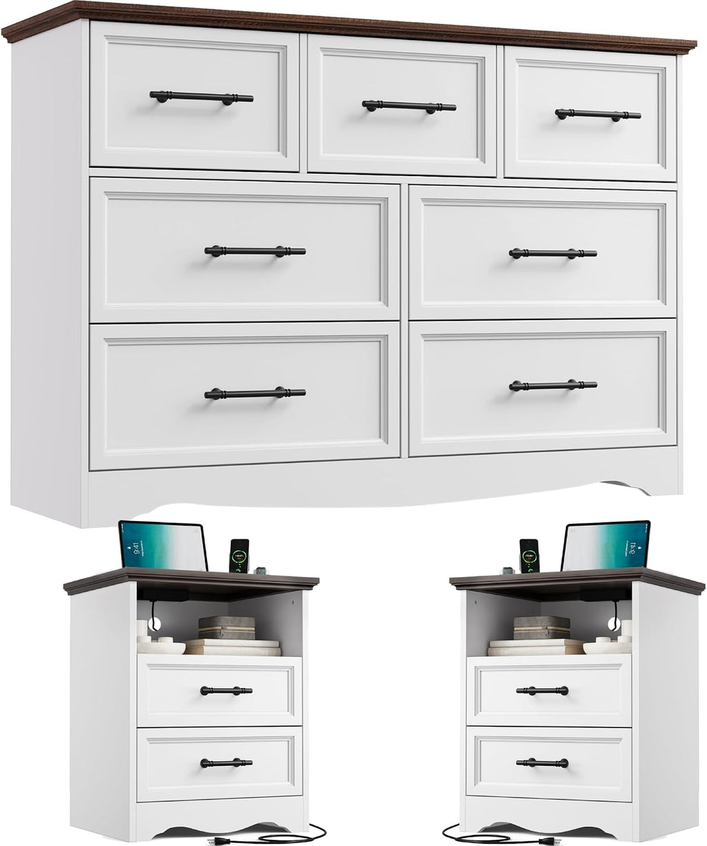 Bedroom Set, 3 Pieces Bedroom Furniture Set, Wood 7 Drawer Dresser and Nightstands with Charging Station, Farmhouse Storage Organizer Cabinet for Bedroom, White
