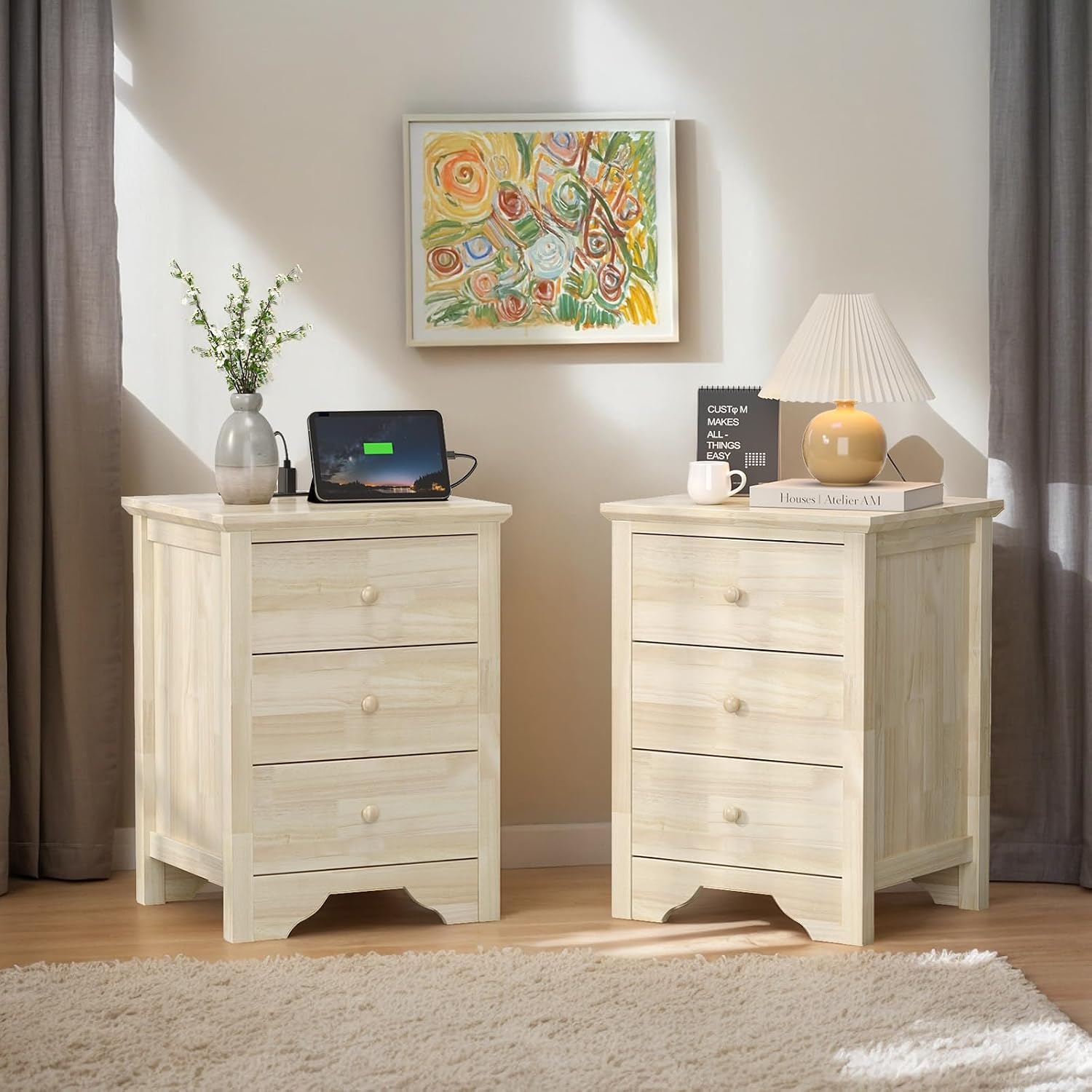 VINGLI Unfinished Rubber Wood Nightstands Set of 2 for Color DIY, 18.54' W Nightstand with Charging Station, 3 Drawer Nightstand, Real Wood Night Stands/Bed Side Table/End Table for Bedroom
