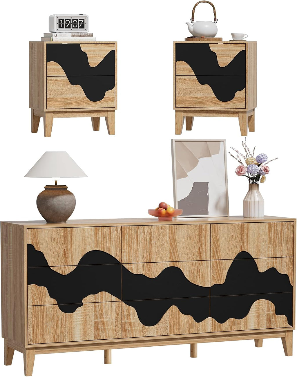 UEV 9-Drawer Dresser & 2 Nightstands Set - 3 Piece Modern Bedroom Furniture Set, 63' Wide Wooden Chest of Drawers with Flowing Water Pattern,2-Drawer Night Stands for Bedroom (Natural/Black