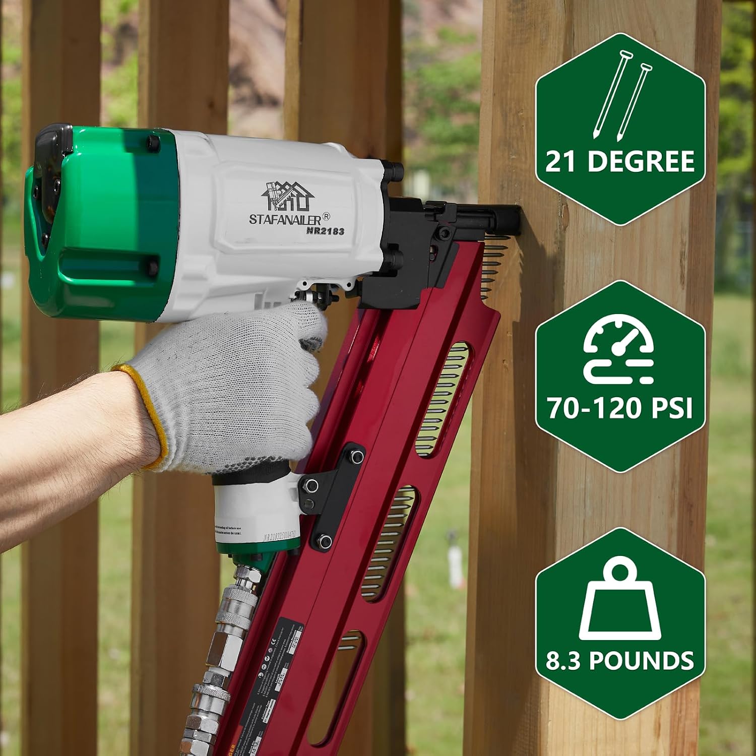 High Speed Mexican Style NR2183 21 Degree Aluminum Magazine Framing Nailer, Pneumatic Framing nail gun, 2-Inch up to 3-1/4-Inch Plastic Collated Full Head Framing Nails, Framing, Wooden House Building
