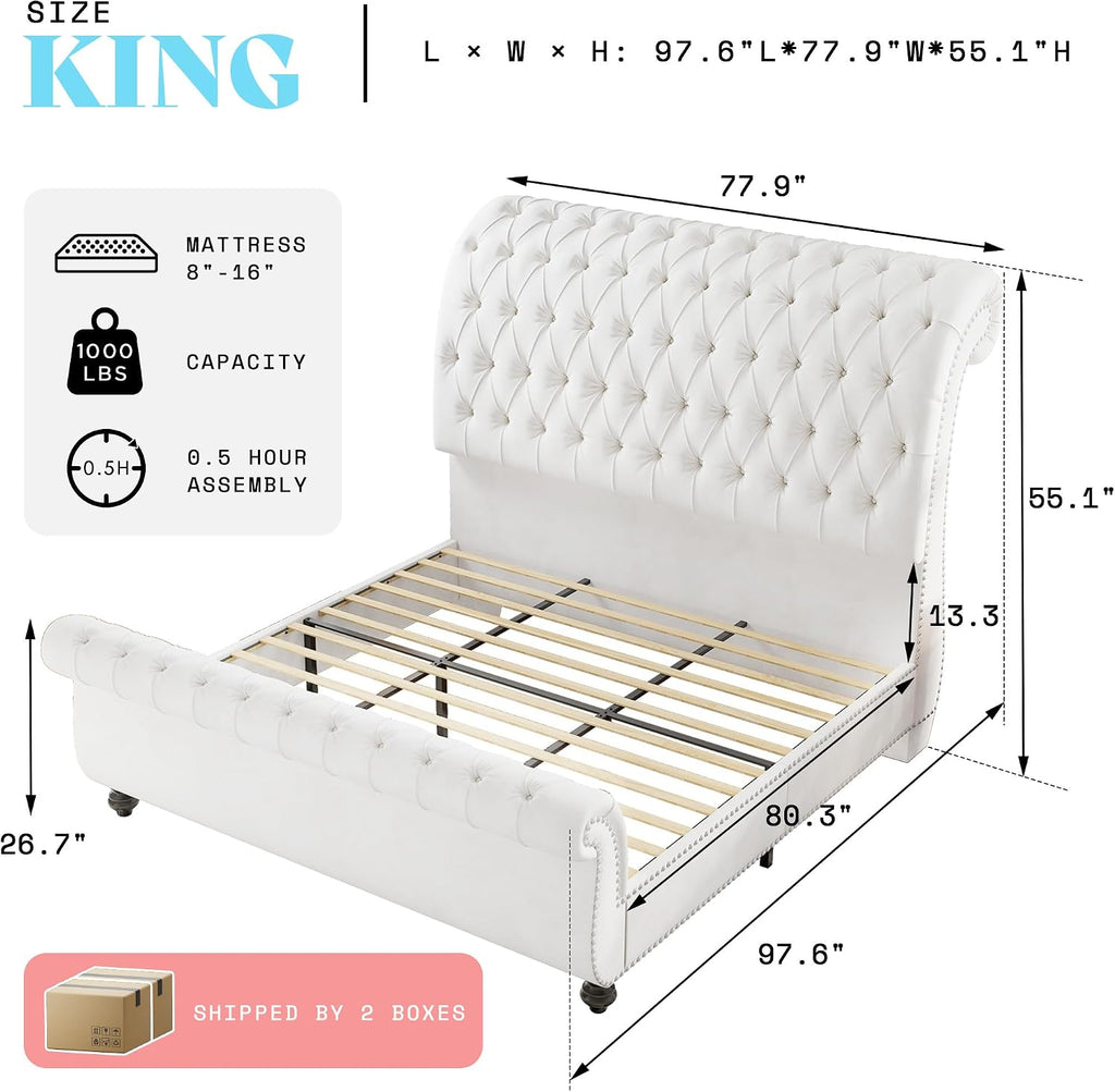 AMERLIFE 55' Tall Sleigh Bed Frame with Scroll Headboard & Footboard, Velvet Upholstered Platform Bed with Deep Button Tufted, Solid Wood Legs, No Box Spring Needed, White, King