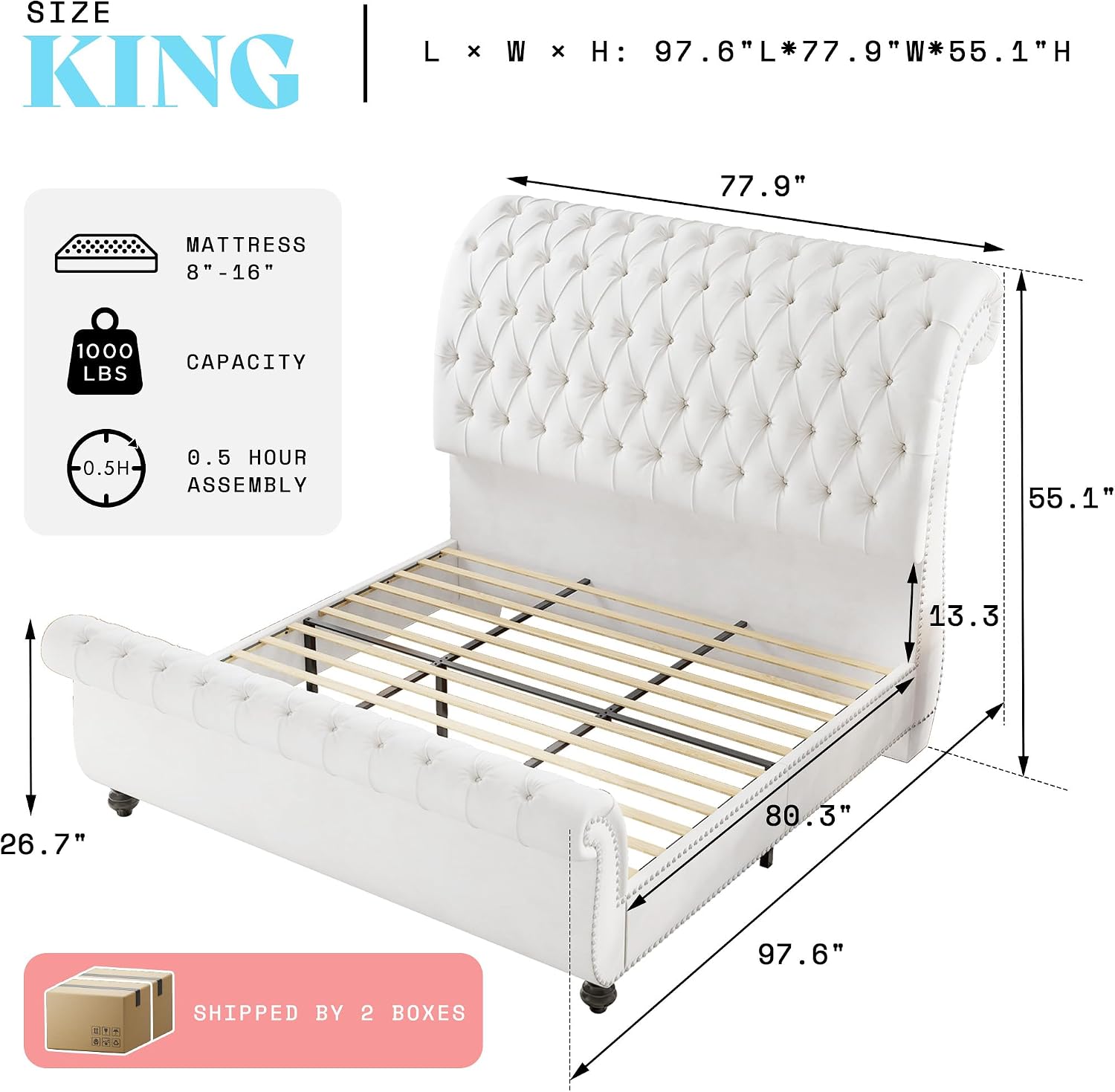 AMERLIFE 55' Tall Sleigh Bed Frame with Scroll Headboard & Footboard, Velvet Upholstered Platform Bed with Deep Button Tufted, Solid Wood Legs, No Box Spring Needed, White, King