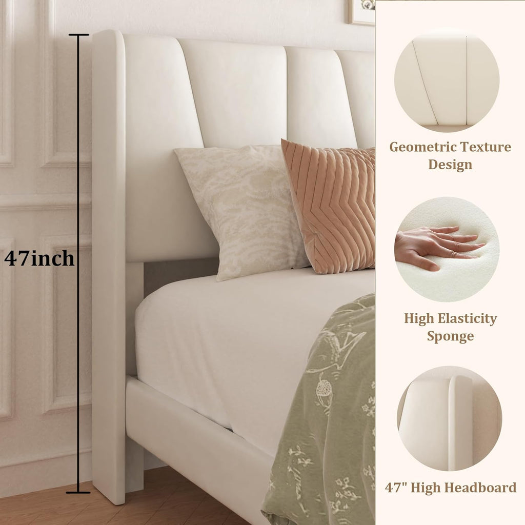 Full Bed Frame with Storage Drawers, Velvet Upholstered Platform Bed with 47' Tall Headboard and Wingboard, No Box Spring Needed, Noise Free, Easy Assembly, Wooden Support Slats, Beige
