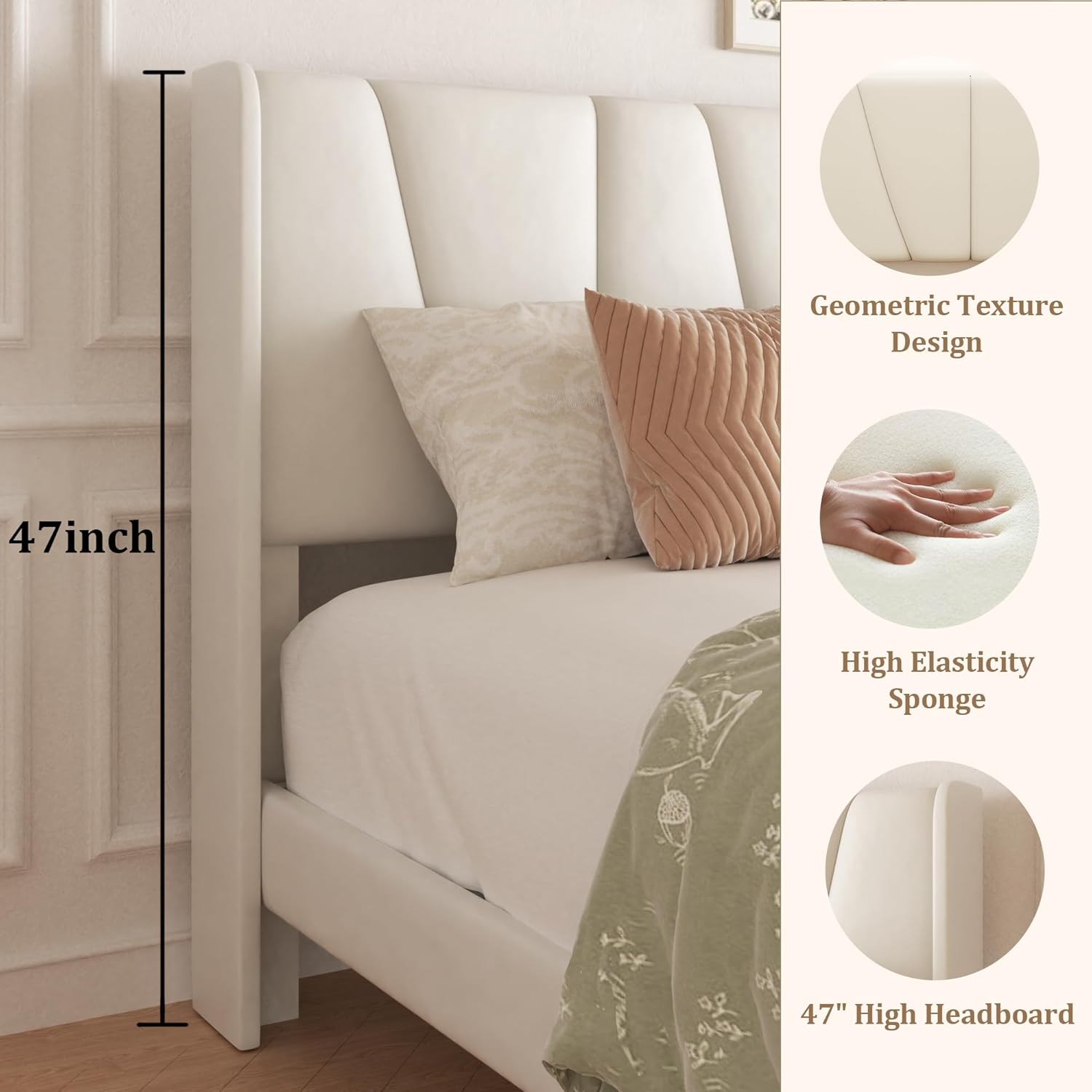 Full Bed Frame with Storage Drawers, Velvet Upholstered Platform Bed with 47' Tall Headboard and Wingboard, No Box Spring Needed, Noise Free, Easy Assembly, Wooden Support Slats, Beige