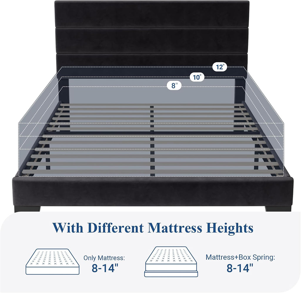 Allewie Full Size Platform Bed Frame with Velvet Upholstered Headboard and Wooden Slats Support, Fully Upholstered Mattress Foundation/No Box Spring Needed/Easy Assembly, Black