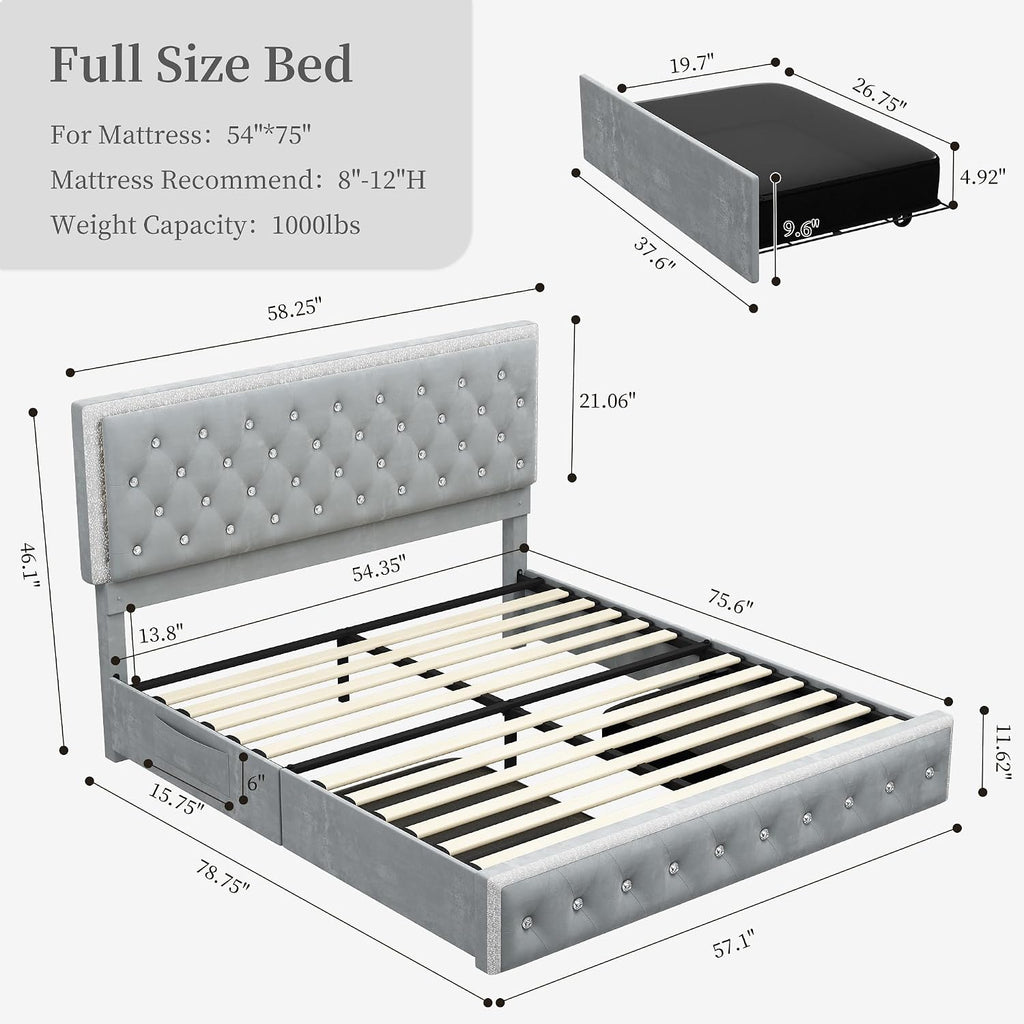 SIBEDS Full Led Bed Frame with 2 Drawers, Upholstered Platform Storage Bed Frames Full Size with Crystal Button Tufted Headboard Footboard, Solid Slats, Noise Free, No Box Spring Needed, Velvet Grey